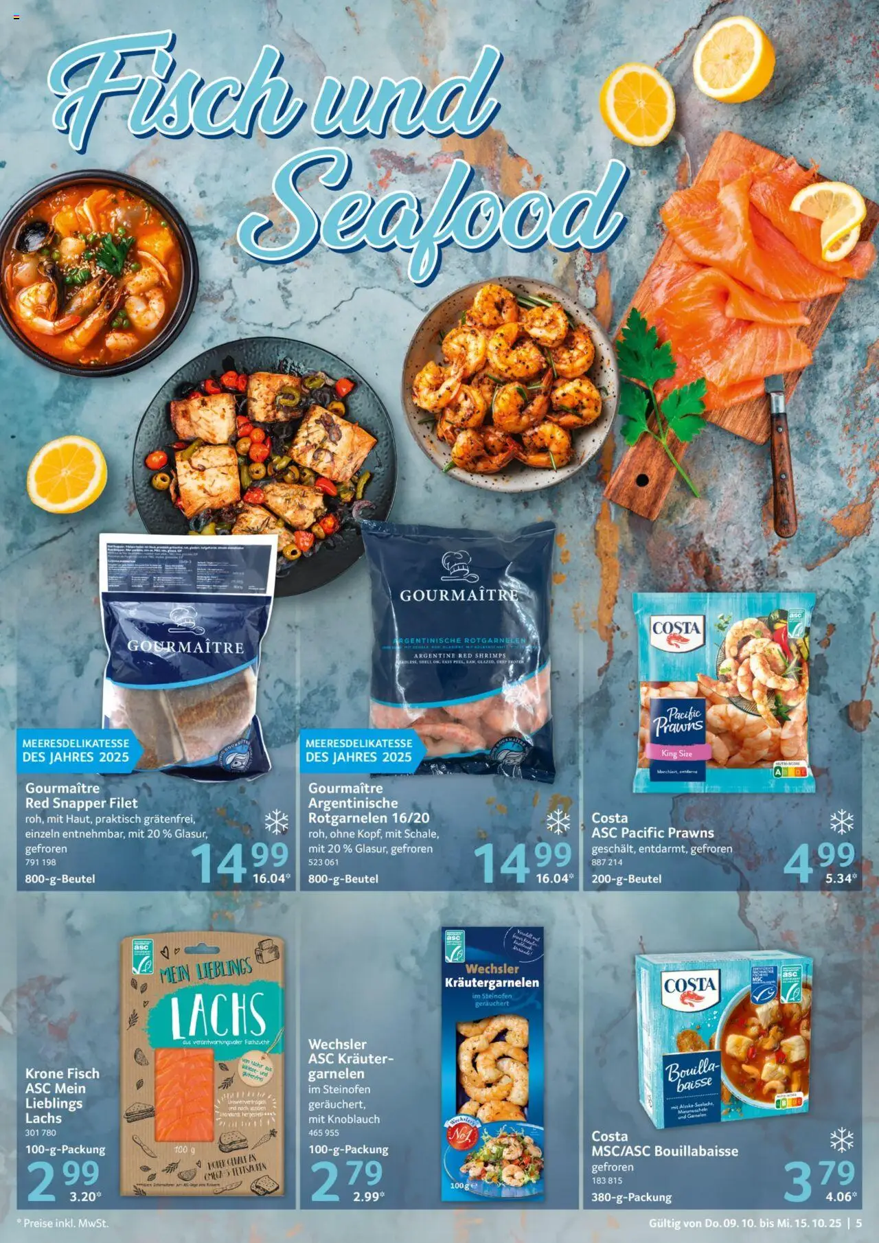 Selgros Prospekt 	 – gültig ab 09.10.2025 | Seite: 5 | Produkte: Garnelen, Fisch, Lachs, Knoblauch