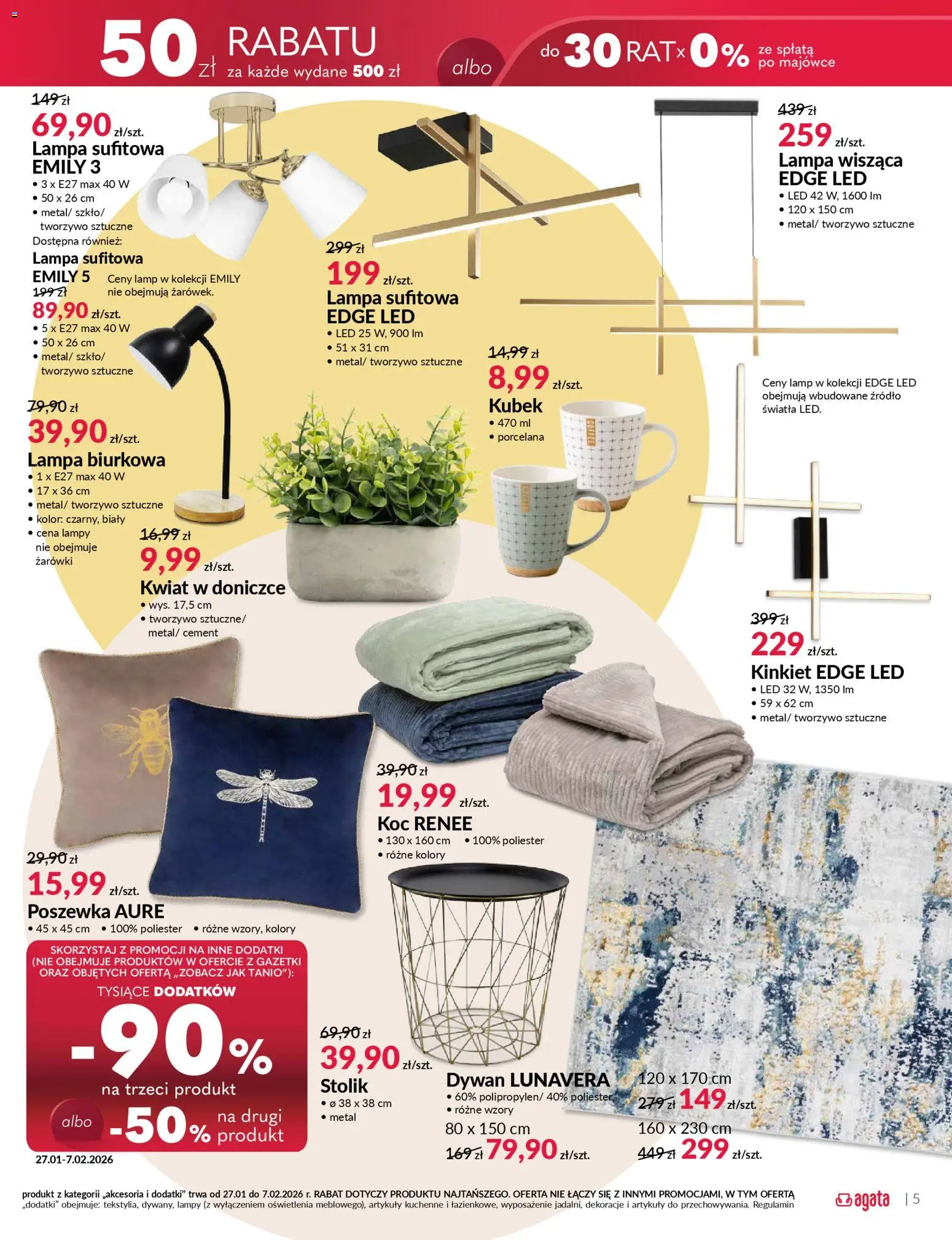 Salony Agata Gazetka od 27.01.2026 | Strona: 5 | Produkty: Koc, Dywan, Lampa, Żarówki