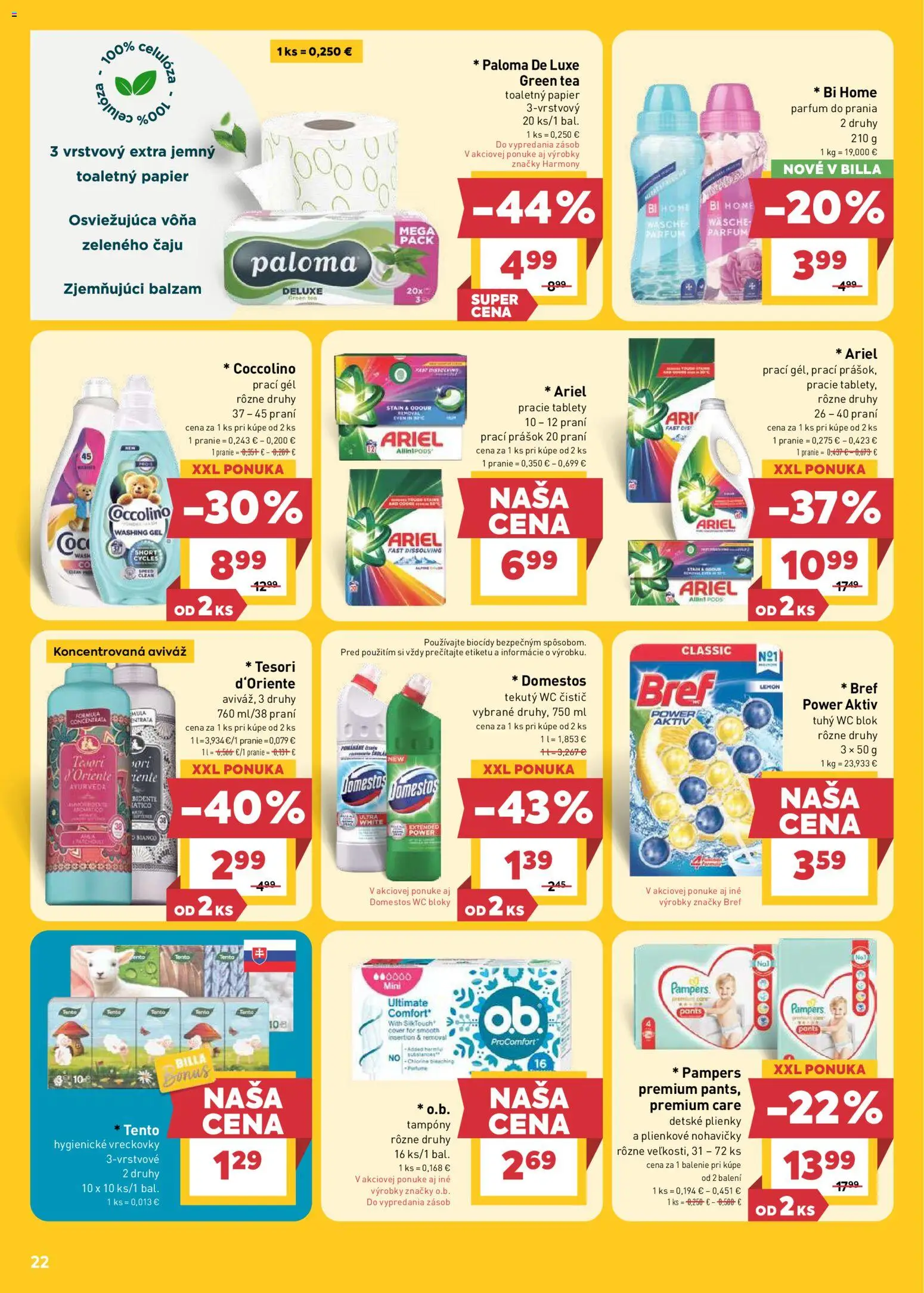 Nové Billa akcie – leták je platný od 15.04.2026 | Strana: 22 | Produkty: Wc blok, Nohavičky, Coccolino, Domestos
