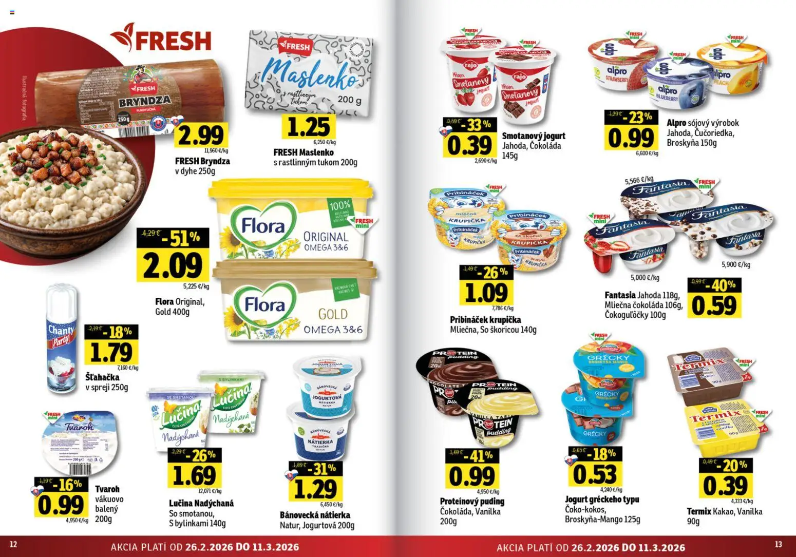 Nové Fresh akcie – leták je platný od 26.02.2026 | Strana: 7 | Produkty: Protein, Tvaroh, Alpro, Flora