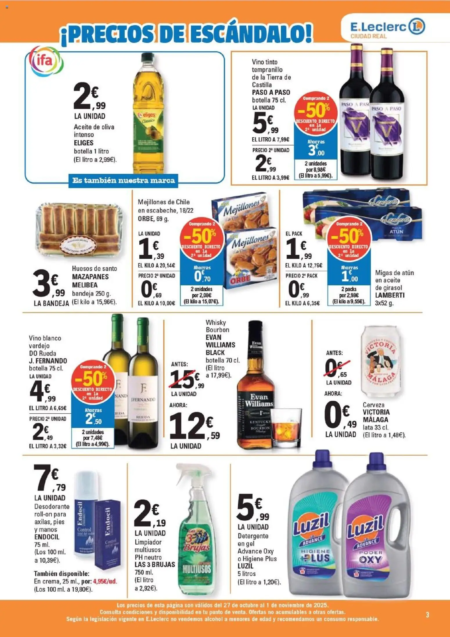 E.Leclerc folleto │ válido desde el 27.10.2025 | Página: 3 | Productos: Detergente, Vino, Cerveza, Aceite de oliva