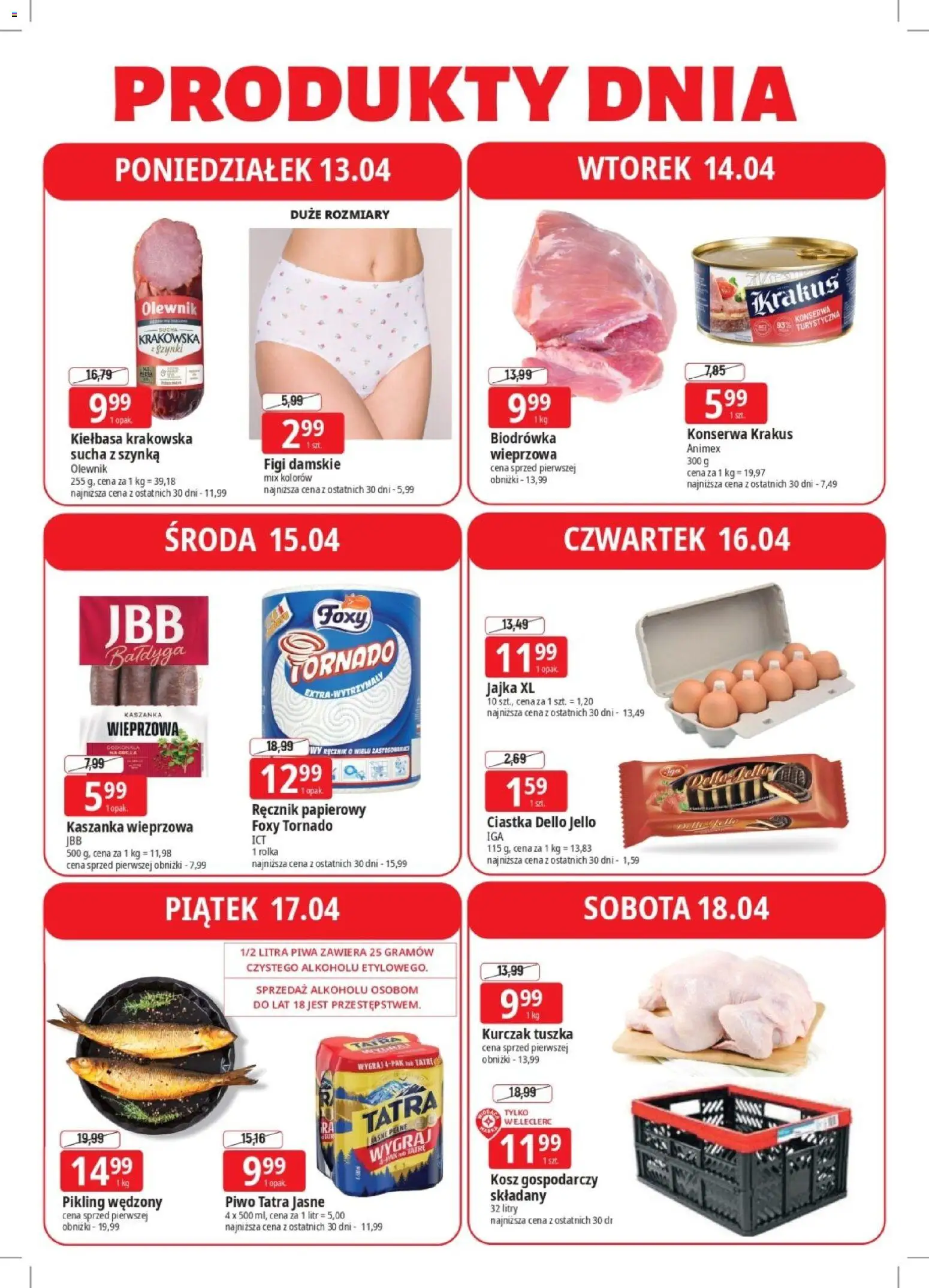 E.Leclerc gazetka - Elbląg od 13.04.2026 | Strona: 4 | Produkty: Kiełbasa, Kurczak, Kiełbasa krakowska, Ręcznik papierowy
