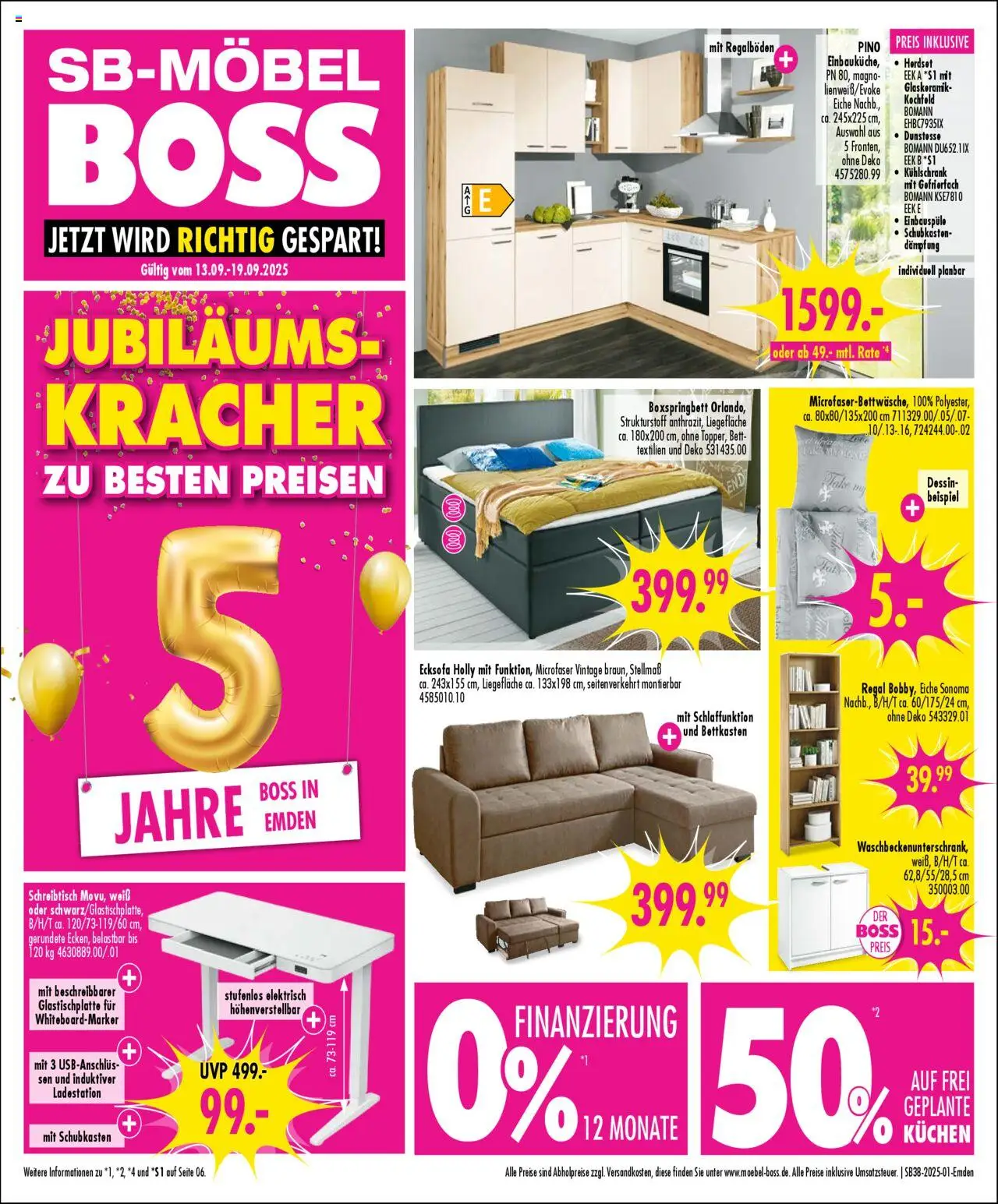 SB Möbel Boss Prospekt Emden	 – gültig ab 13.09.2025 | Seite: 1 | Produkte: Bett, Boxspringbett, Kühlschrank, Kuchen