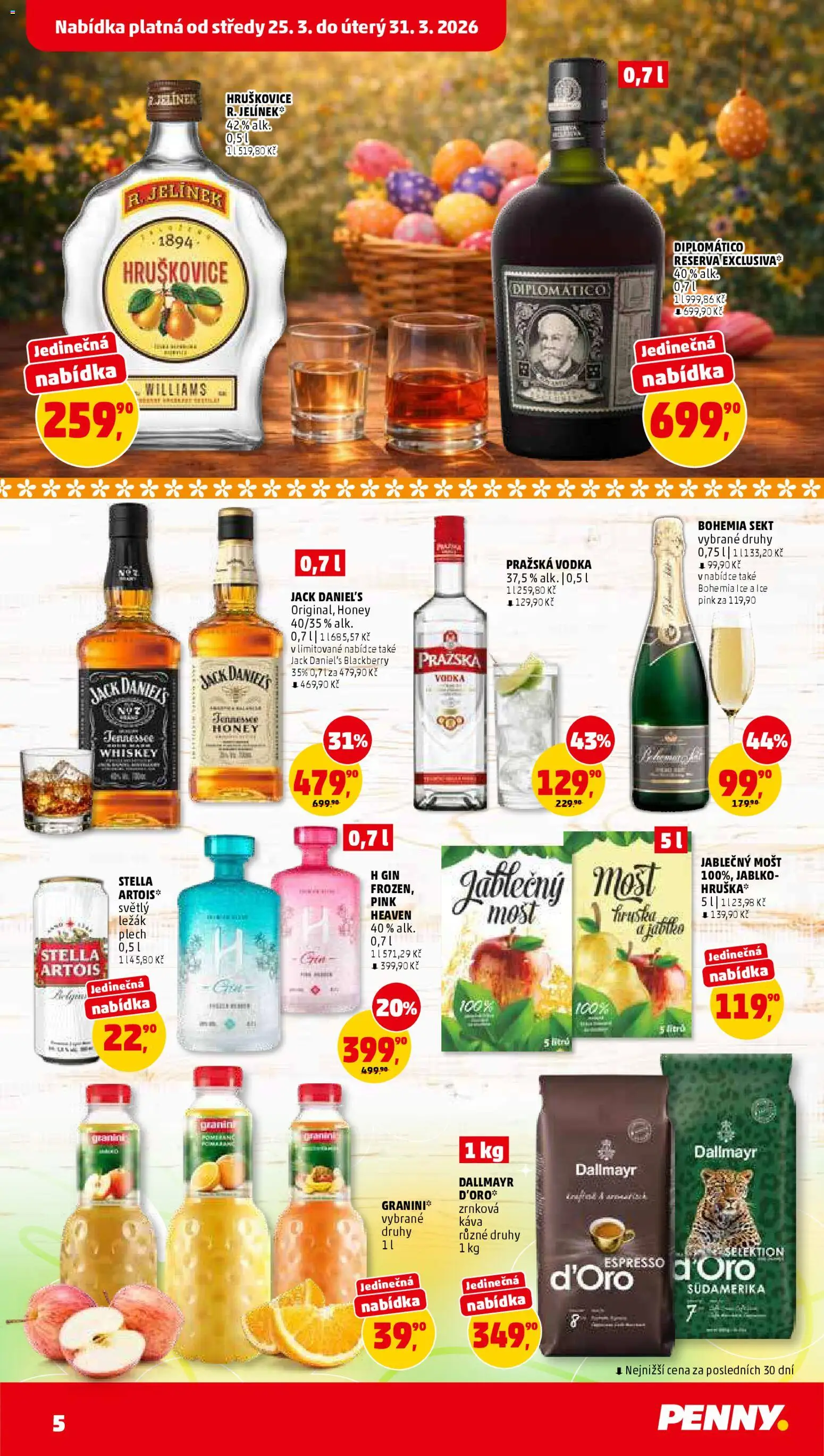 Penny Market leták od 25.03.2026 | Strana: 5 | Produkty: Káva, Mošt, Jack Daniel’s, Pražská vodka