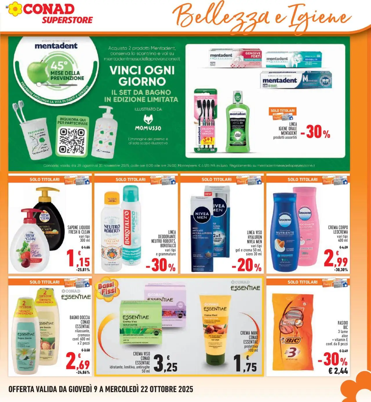 Volantino Conad del 09.10.2025 | Pagina: 21 | Prodotti: Rasoio, Sapone, Crema viso, Bagno