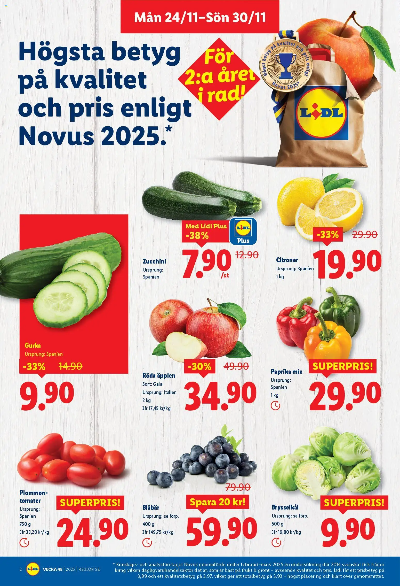 Lidl reklamblad aktuell från 24.11.2025 | Sida: 2 | Produkter: Äpplen, Tomater, Blåbär, Gurka