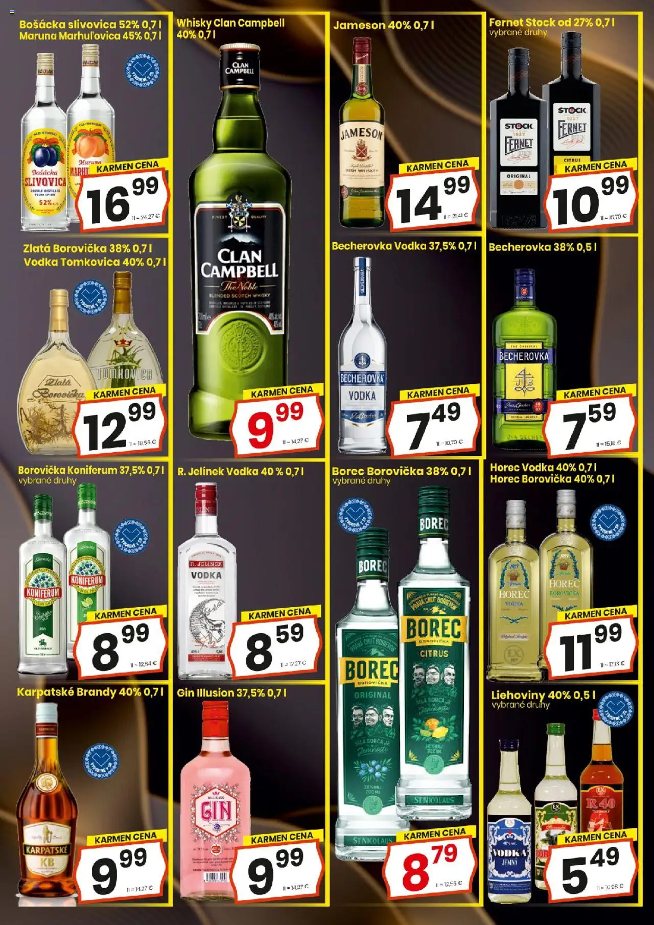 KARMEN CBA maloobchod │ platný od 21.08.2025 | Strana: 12 | Produkty: Becherovka, Bošácka slivovica, Koniferum, Fernet Stock