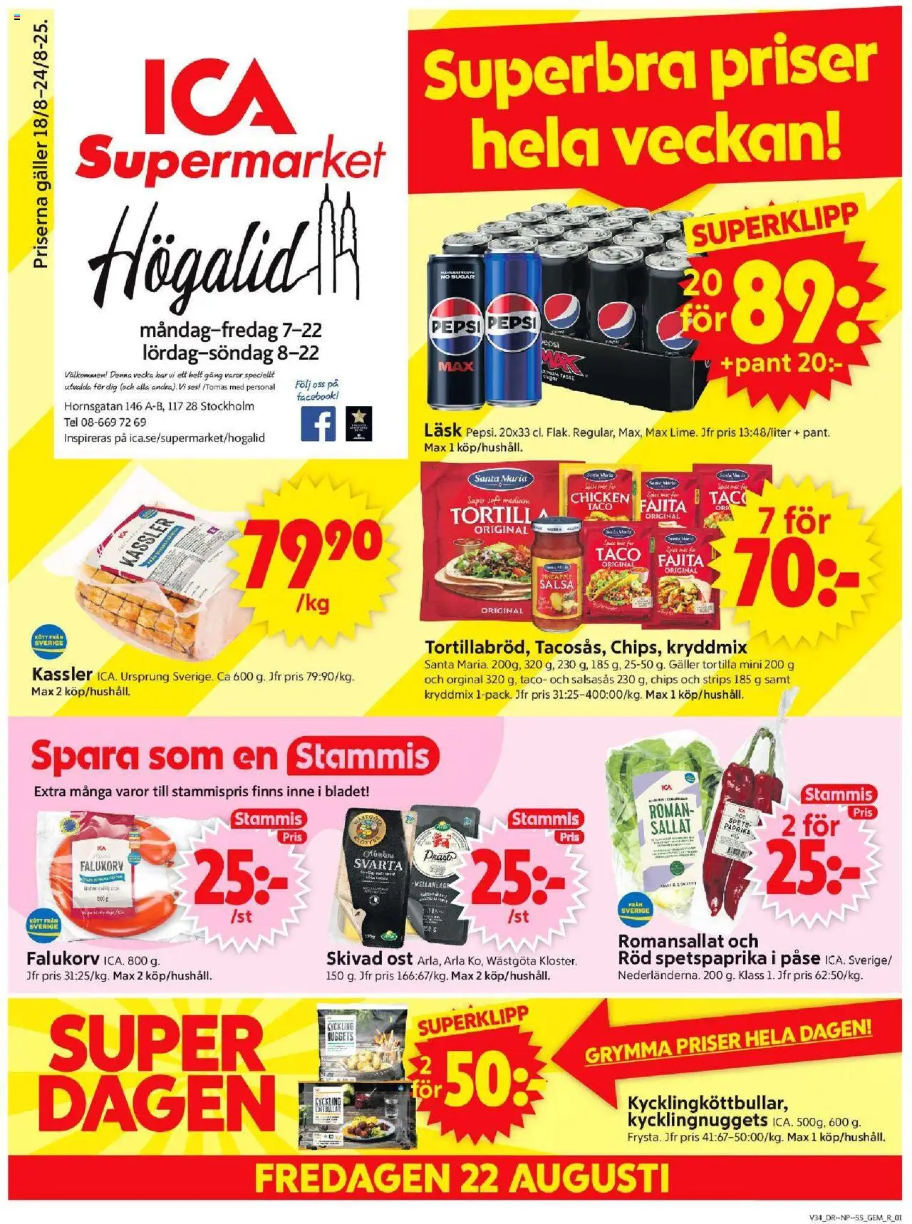 ICA Supermarket reklamblad aktuell från 18.08.2025 | Sida: 1 | Produkter: Salsa, Kassler, Galler, Chips