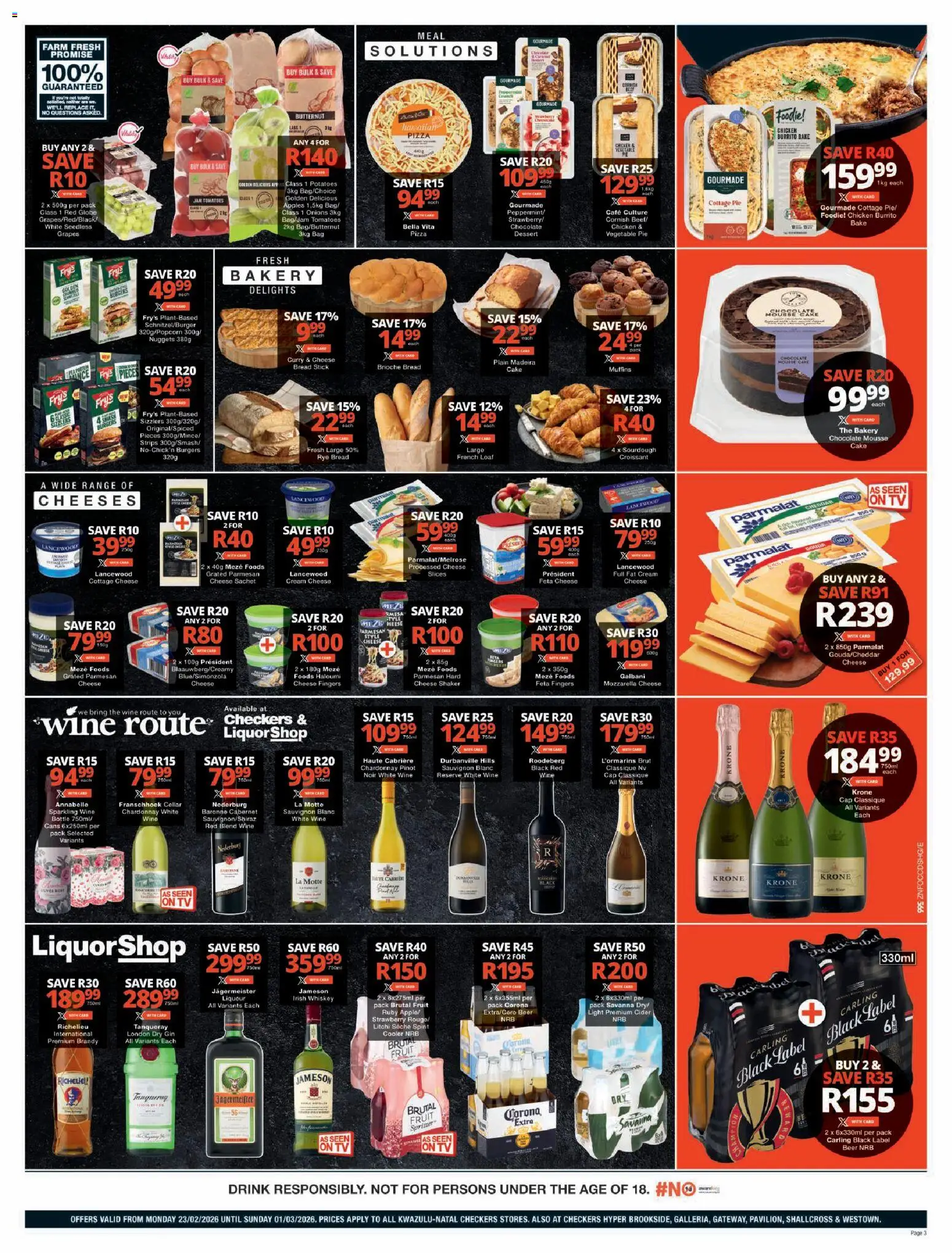 New Checkers catalogue – valid from 23.02.2026 | Page: 3 | Products: Cake, Brandy, Chocolate, Cottage cheese