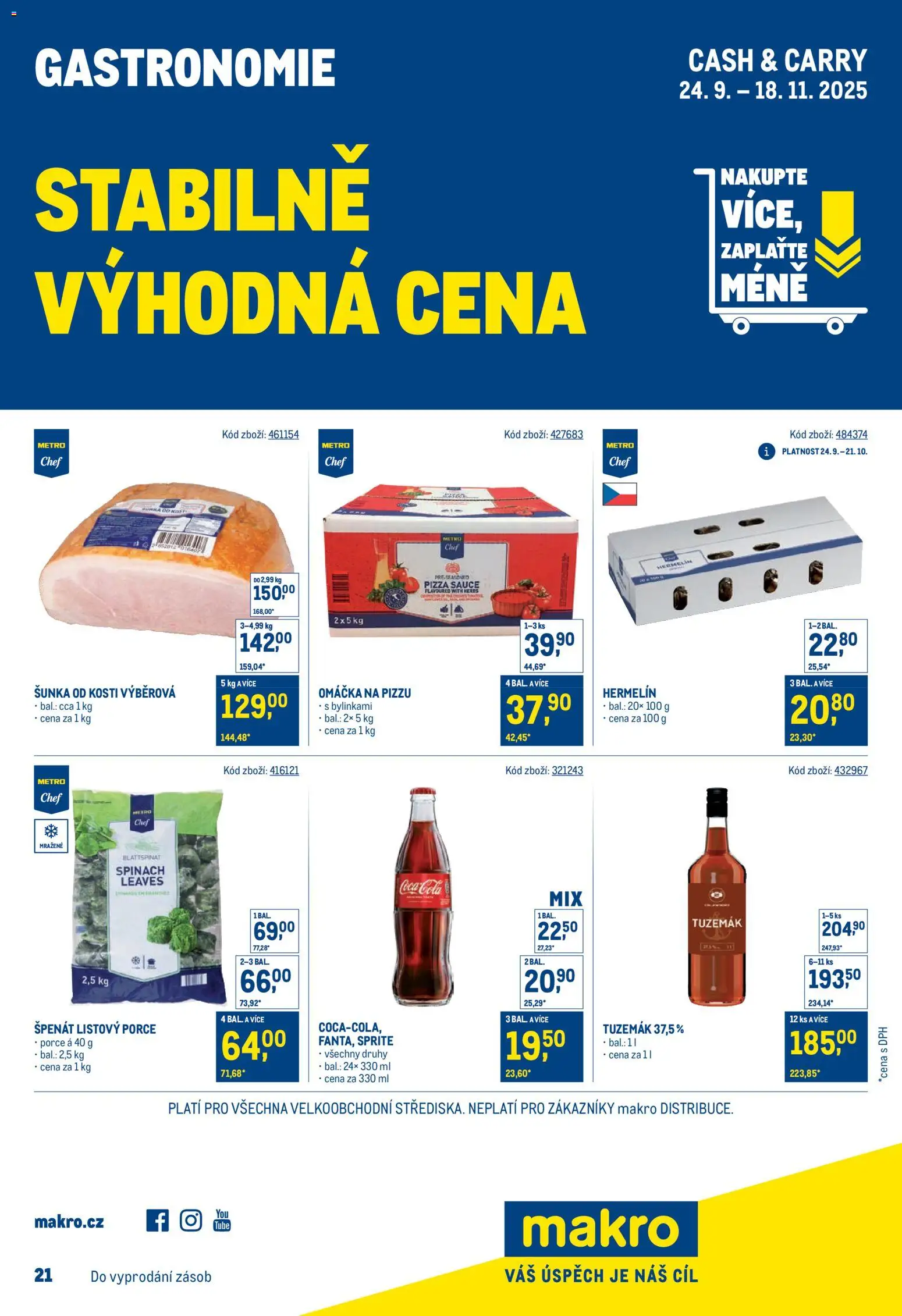 Makro leták - Stabilně výhodná cena – gastronomie od 24.09.2025 | Strana: 1 | Produkty: Šunka od kosti, Hermelín, Špenát, Sprite