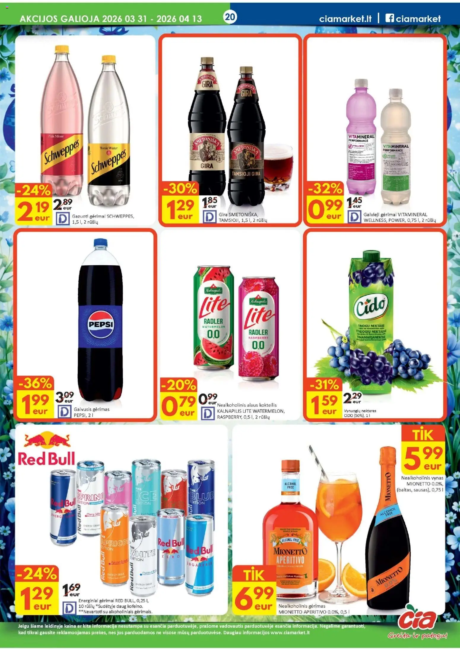 ČIA MARKET akcijos nuo 31.03.2026 | Puslapis: 20 | Prekių: Gaivusis gėrimas, Nealkoholinis vynas, Vynas