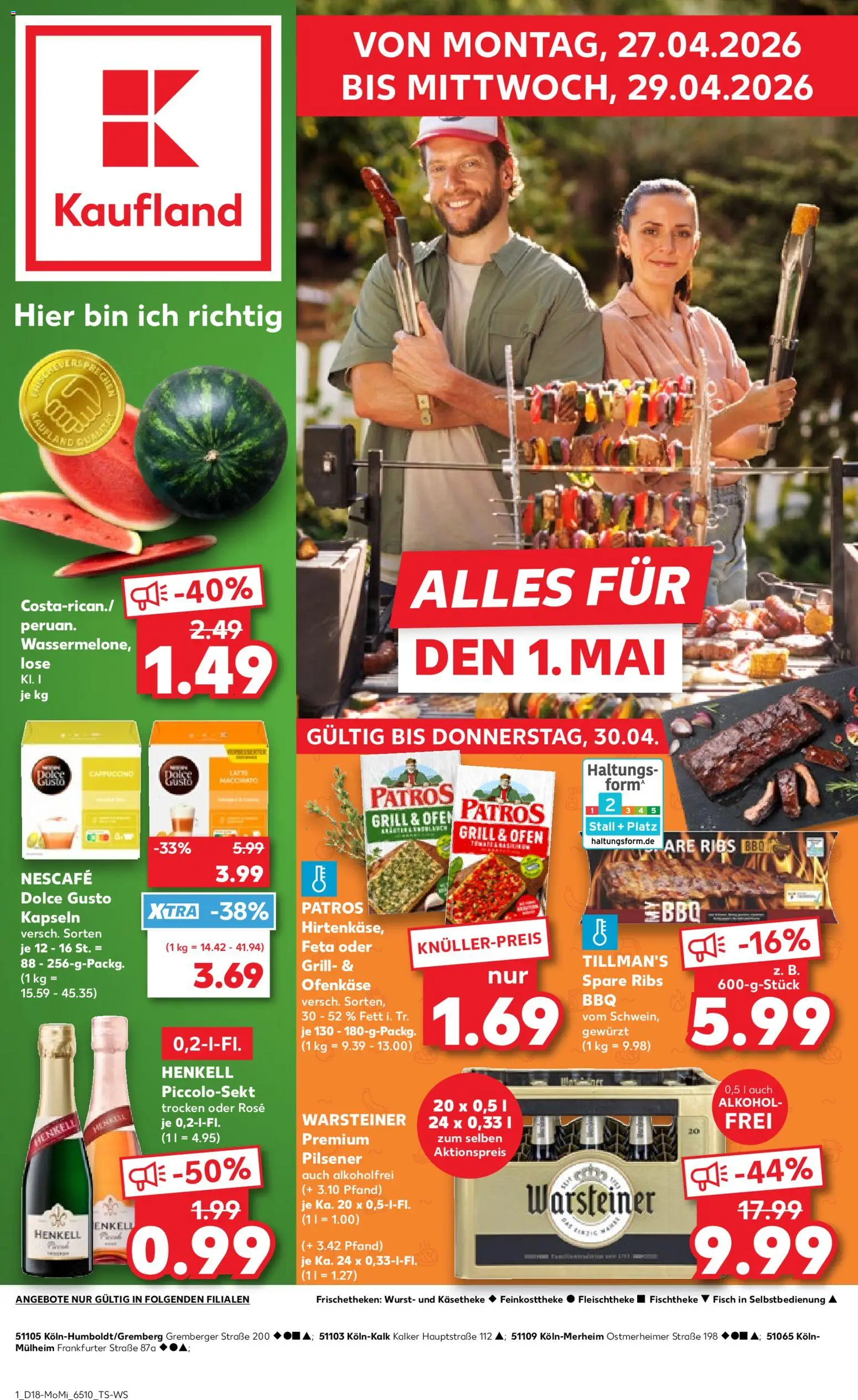 Kaufland Prospekt Köln	 – gültig ab 27.04.2026 | Seite: 1 | Produkte: Ofen, Feta, Spare ribs, Warsteiner