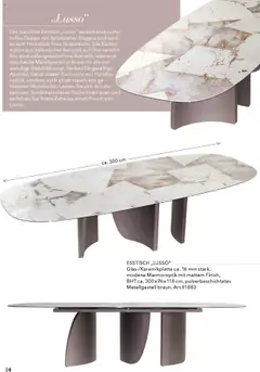 ESSTISCH „LUSSO“, Glas-/Keramikplatte ca. 16 mm stark, modene Marmoroptik mit mattem Finish, BHT ca. 300x76x118 cm, pulverbeschichtetes Metallgestell braun, Art.91883 – gültig ab 16.04.2025 | Seite: 14 | Produkte: Esstisch, Tisch