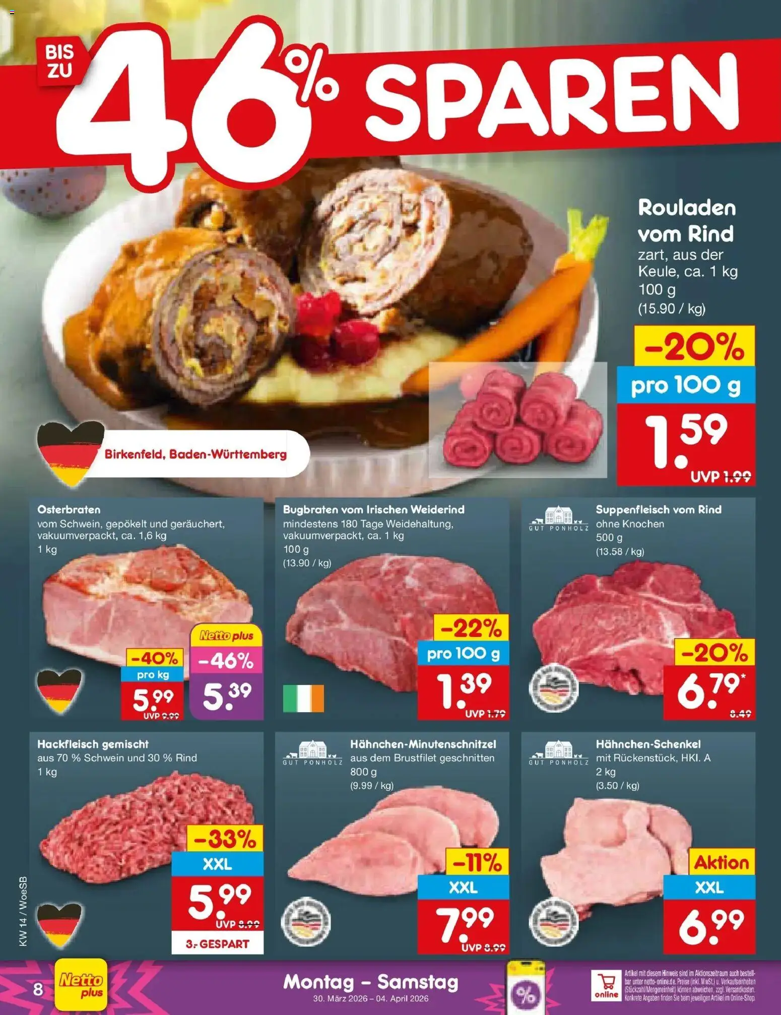 Netto Marken-Discount Prospekt Katzweiler	 – gültig ab 30.03.2026 | Seite: 8 | Produkte: Hahnchenschenkel, Suppenfleisch, Hackfleisch