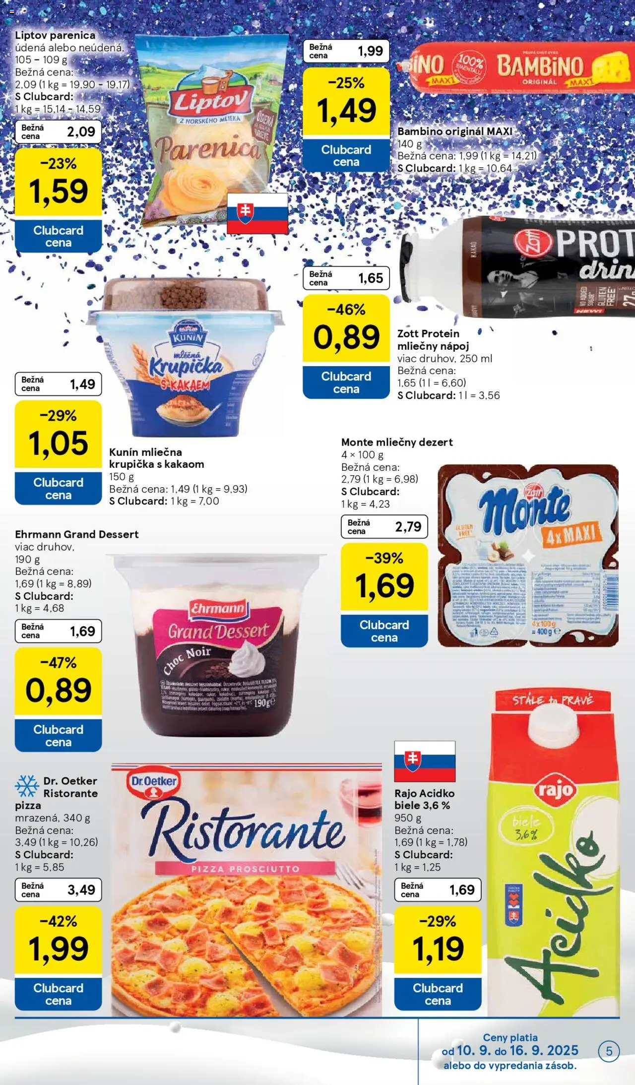 Nové Tesco akcie – leták je platný od 10.09.2025 | Strana: 5 | Produkty: Pizza, Protein, Acidko, Kakao