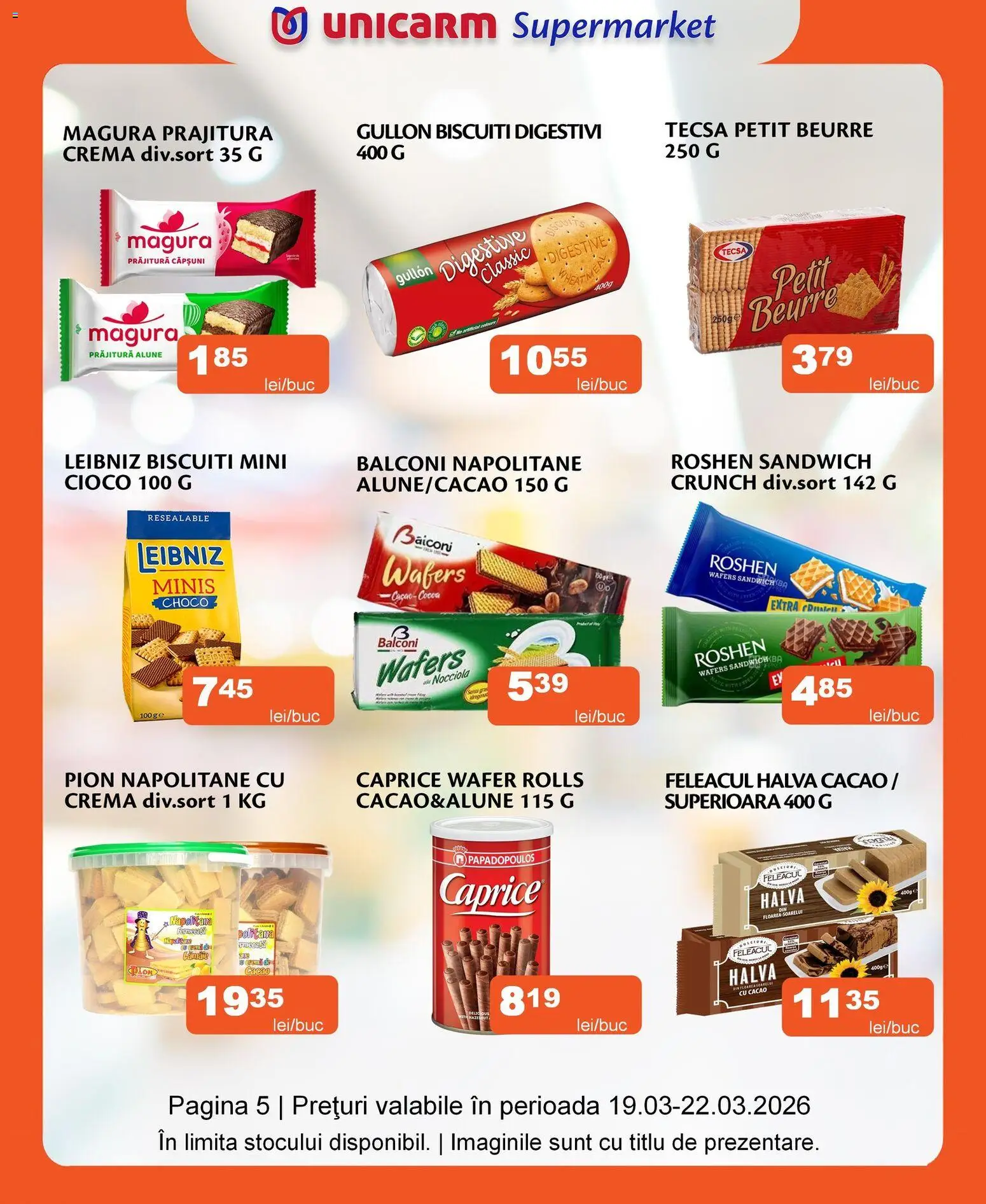 Noul catalog Unicarm – valabil de la 19.03.2026 | Pagină: 5 | Produse: Prăjitură, Napolitane, Alune, Cremă