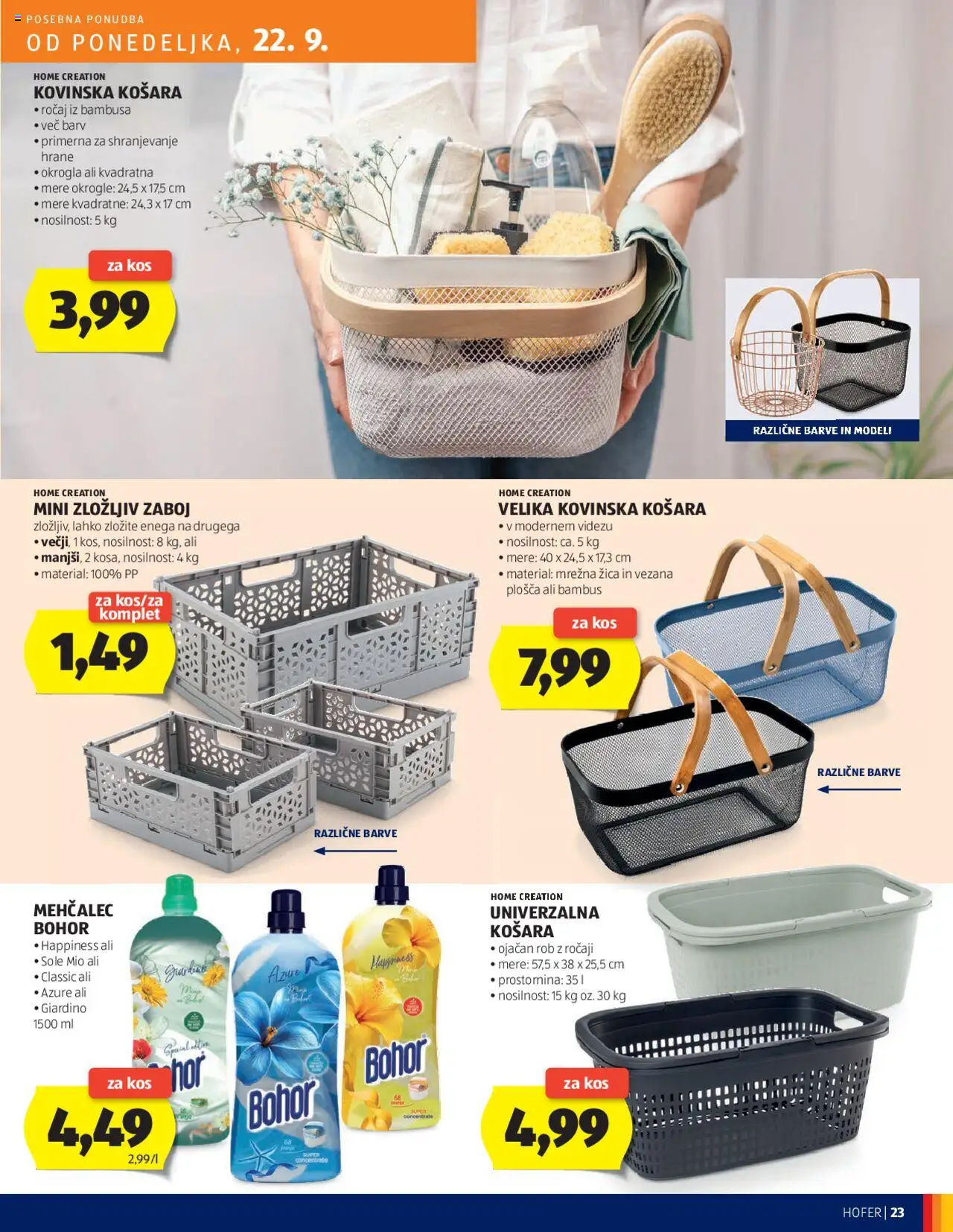 Novi Hofer katalog ponudbe – veljaven od 18.09.2025 | Stran: 23 | Izdelki: Mehčalec, Košara, Kos, Zaboj