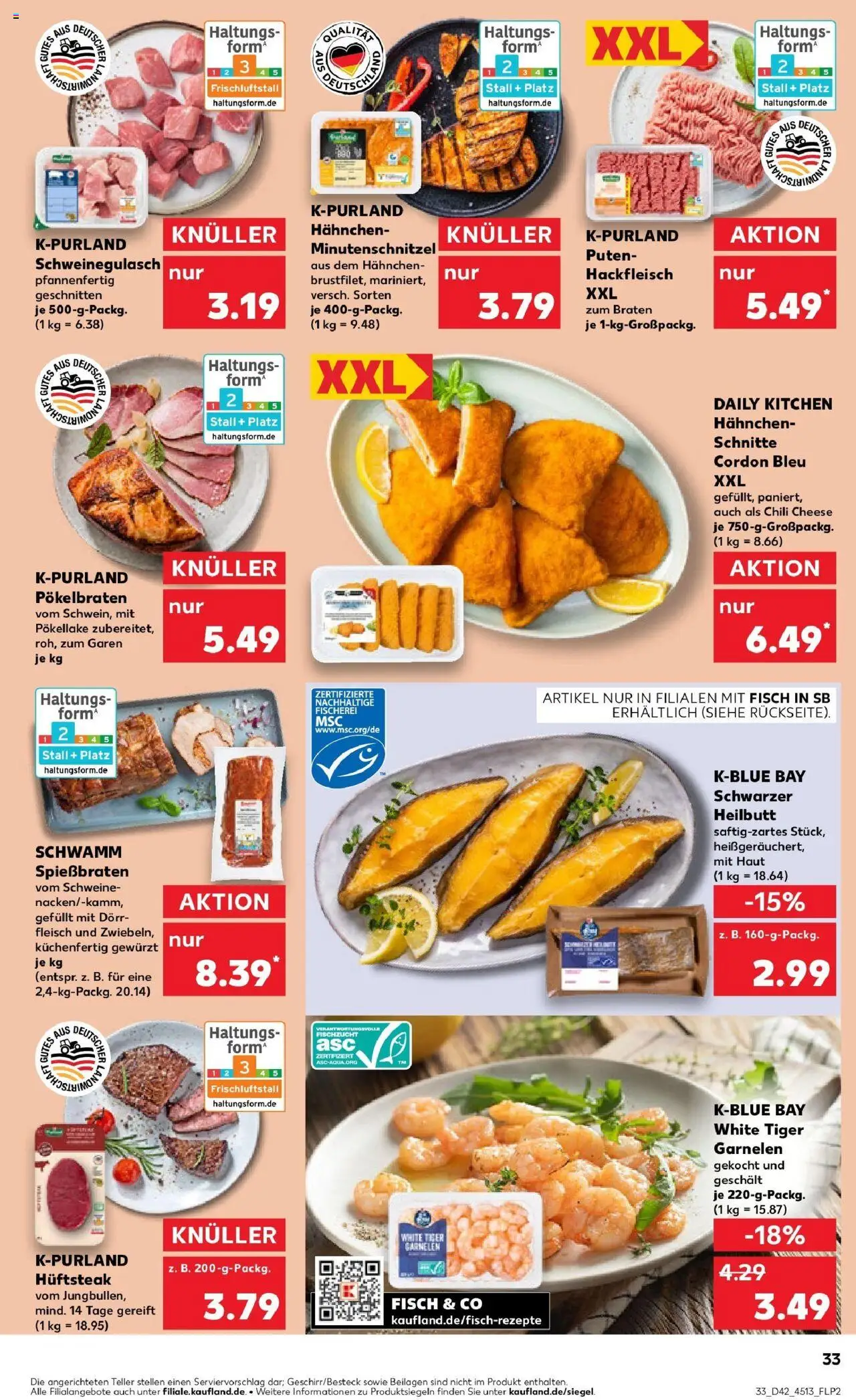 Kaufland prospekt Lahr	 – gültig ab 15.10.2025 | Seite: 33 | Produkte: Schweinegulasch, Hahnchen, Fisch, Tiger garnelen