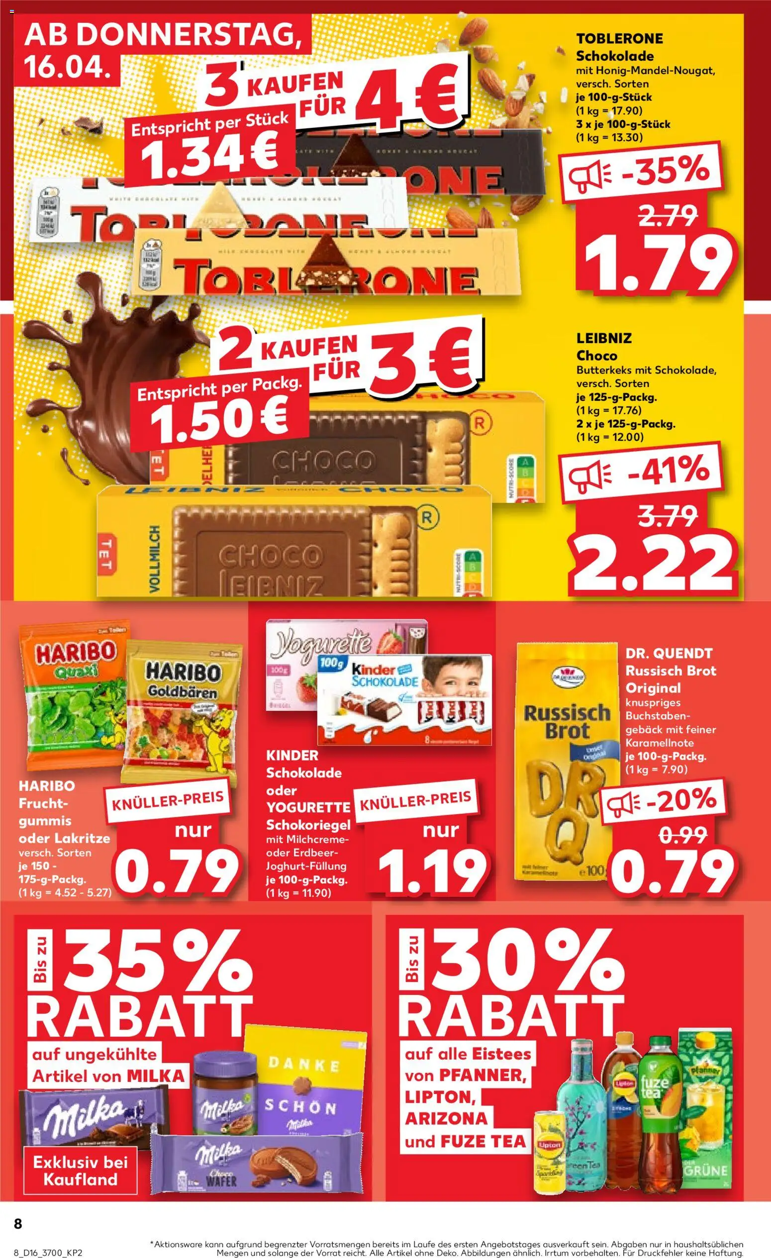 Kaufland Prospekt Rostock	 – gültig ab 16.04.2026 | Seite: 8 | Produkte: Kinder schokolade, Fuze tea, Yogurette, Schokolade