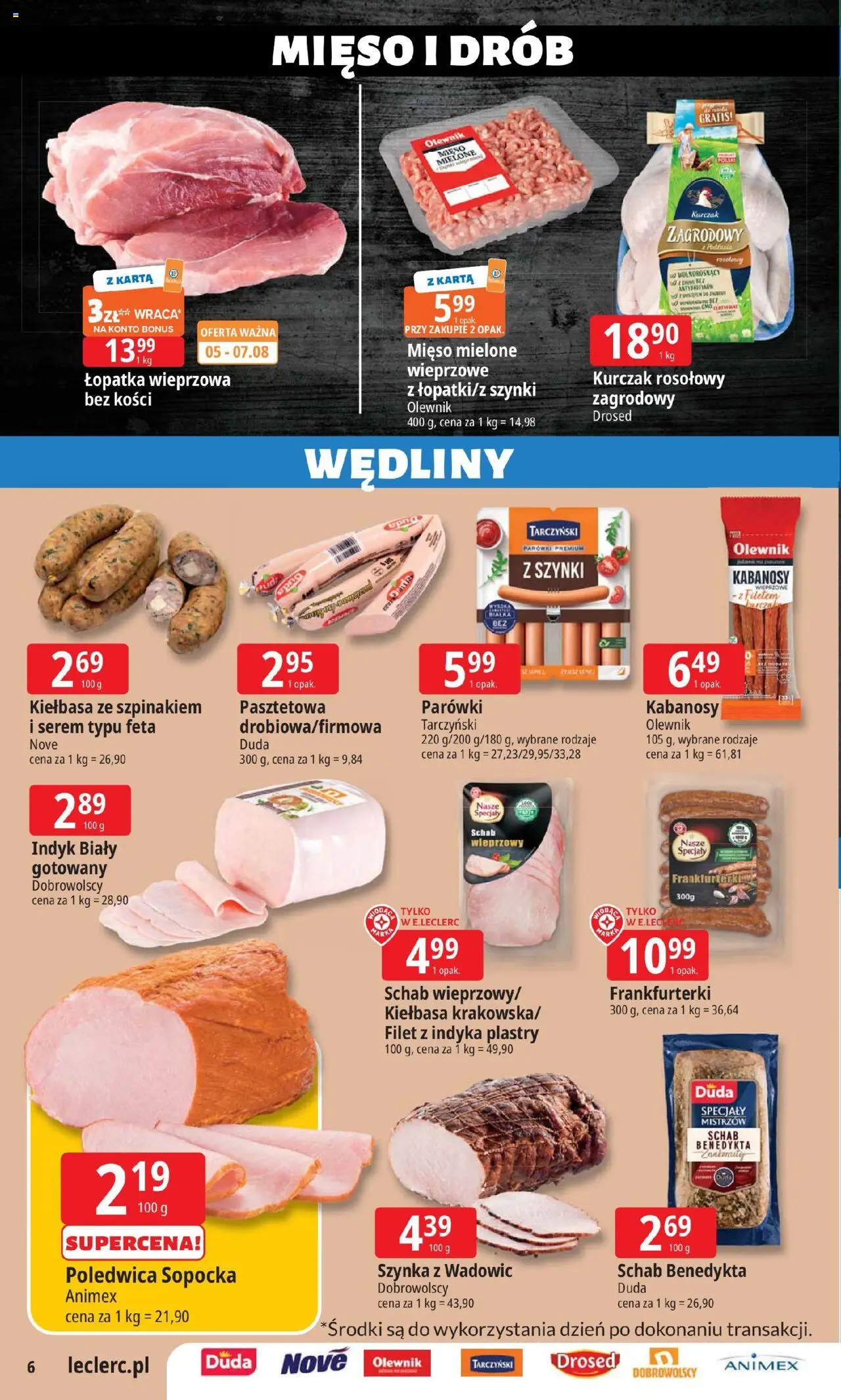 E.Leclerc Gazetka - Wrocław od 05.08.2025 | Strona: 6 | Produkty: Kiełbasa, Kurczak, Kabanosy, Wędliny