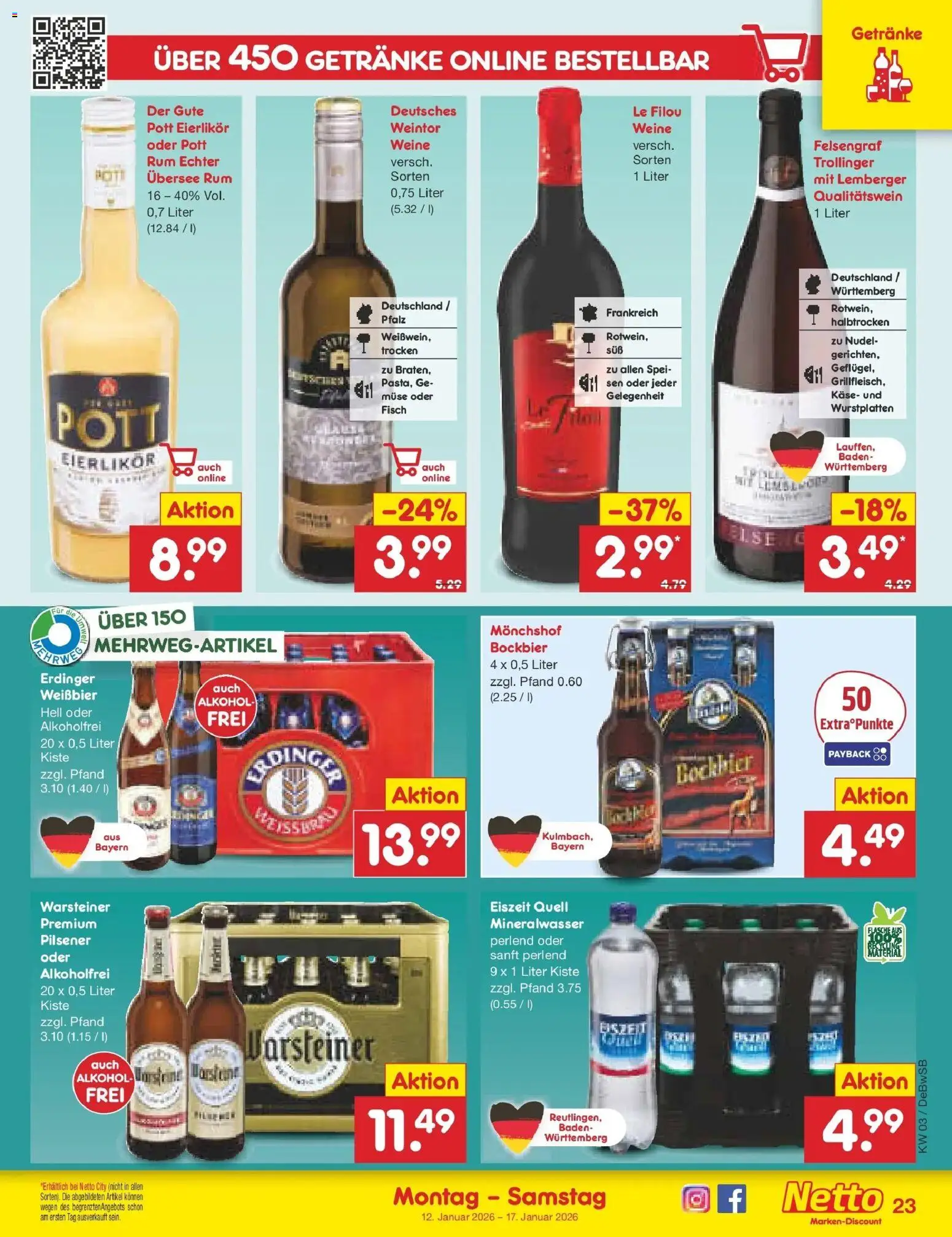 Netto Marken-Discount prospekt Waiblingen-Bittenfeld	 – gültig ab 12.01.2026 | Seite: 23 | Produkte: Monchshof, Weißbier, Rum, Fisch