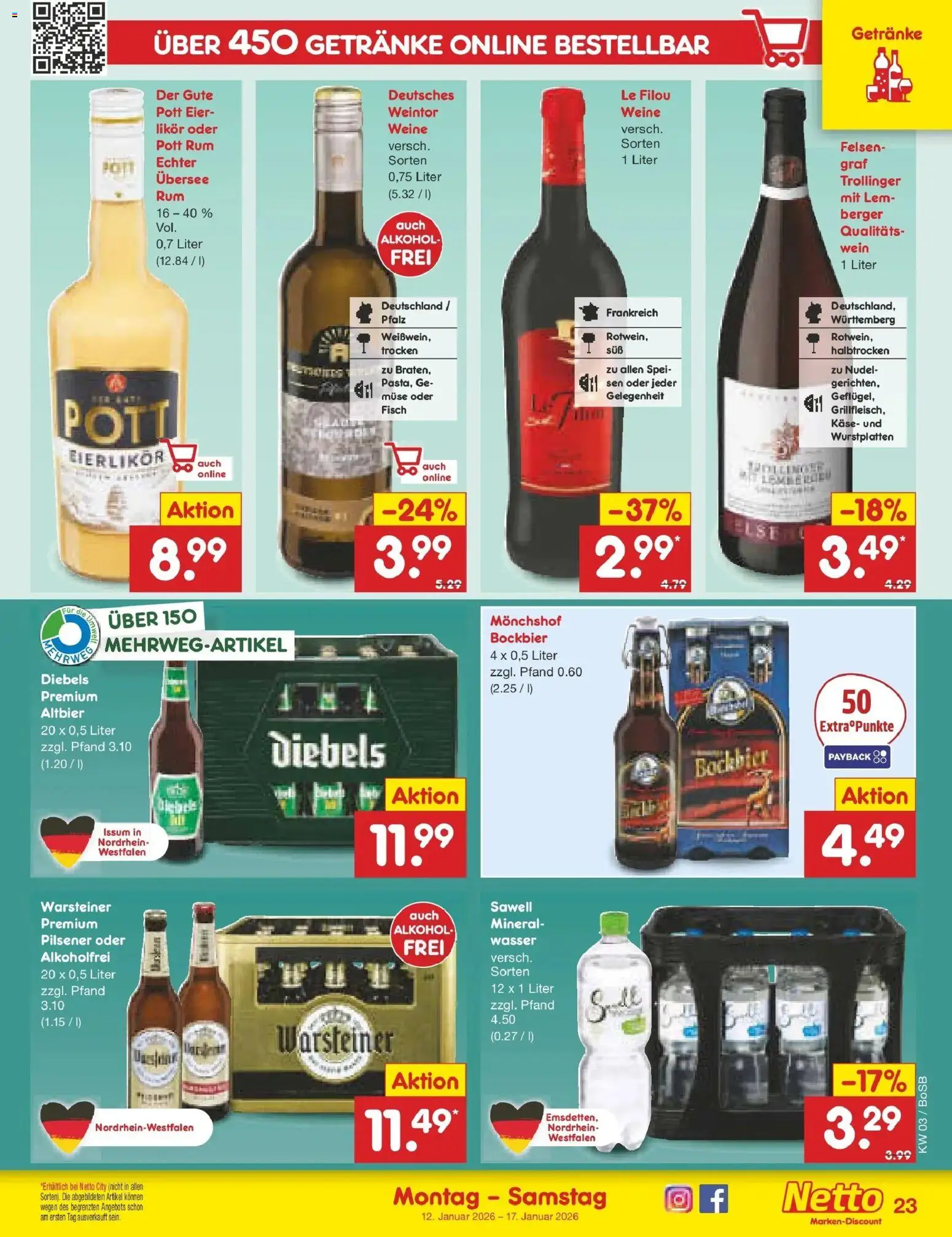 Netto Marken-Discount prospekt Stadtlohn	 – gültig ab 12.01.2026 | Seite: 23 | Produkte: Rum, Warsteiner, Diebels, Wein