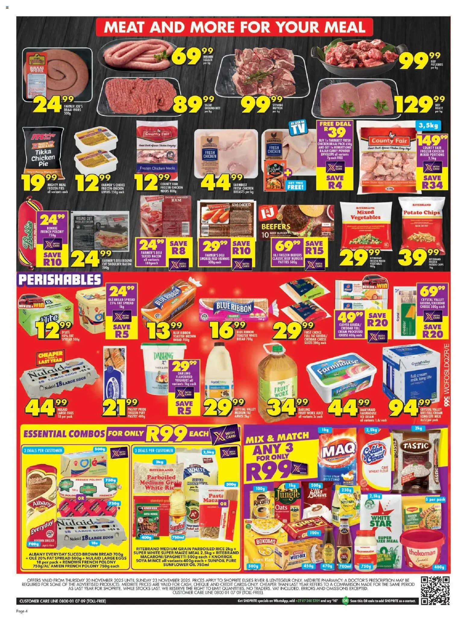New Shoprite catalogue – valid from 20.11.2025 | Page: 4 | Products: Milk, Cheese, Oats, Washing powder