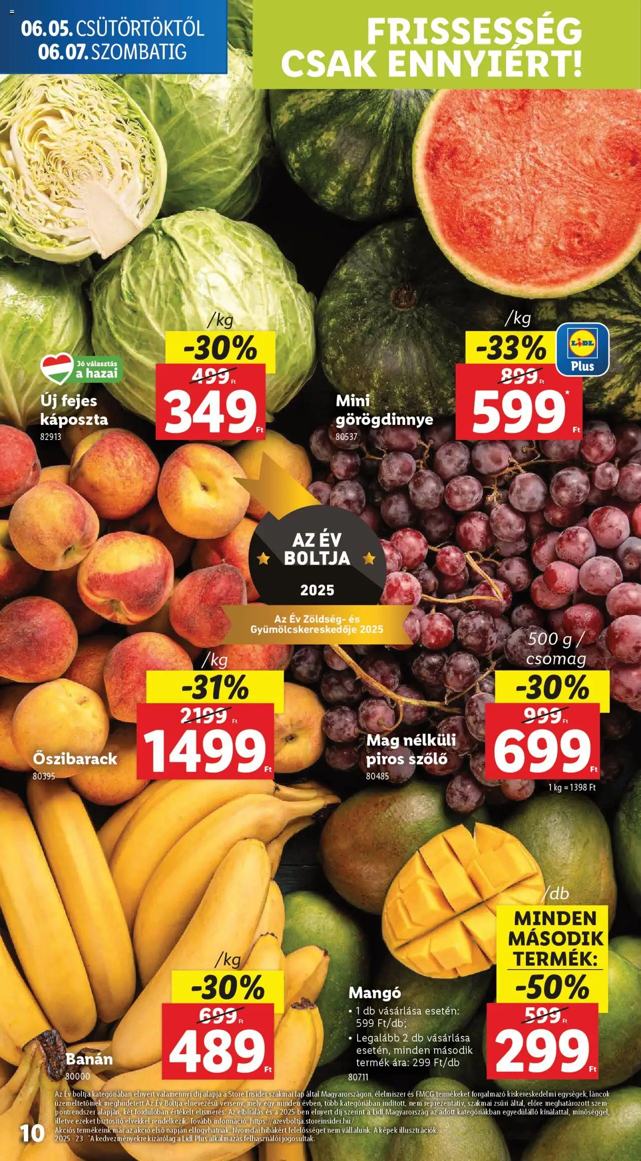Lidl akciós ujság - amely érvényes a következő dátumtól: 05.06.2025 | Oldal: 10 | Termékek: Káposzta, Szőlő, Banán, Mangó