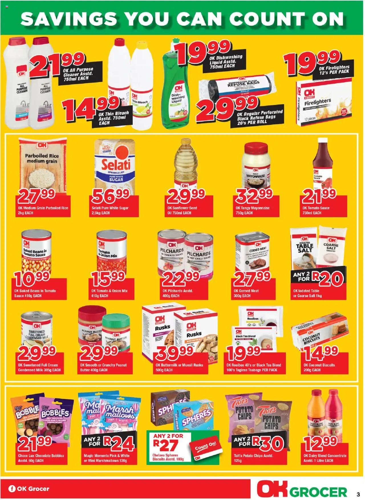 New OK Foods catalogue – valid from 15.10.2025 | Page: 3 | Products: Baked beans, Chocolate, Dairy blend, Sugar