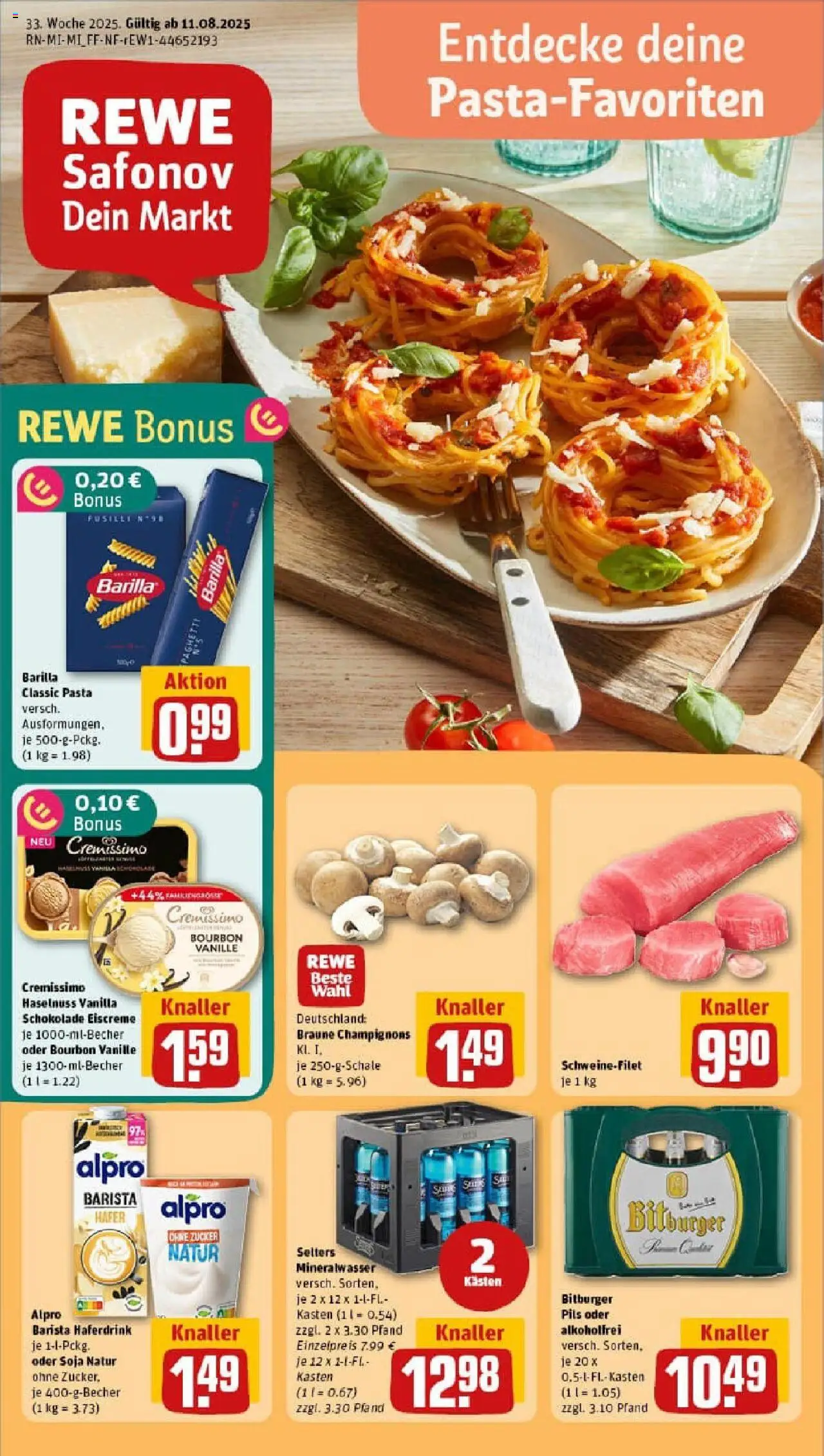 Rewe prospekt Hainburg / Klein-Krotzenburg	 – gültig ab 11.08.2025 | Seite: 1 | Produkte: Pils, Eiscreme, Mineralwasser, Pasta