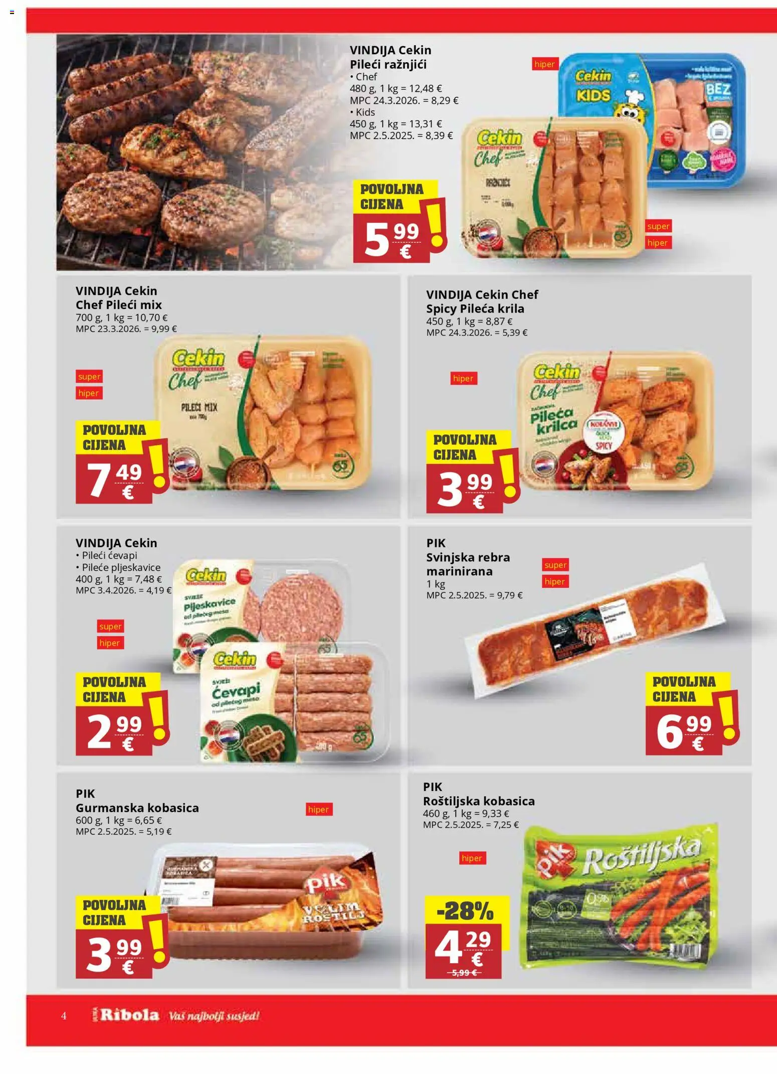 Ribola katalog | vrijedi od 29.04.2026 | Stranica: 4 | Proizvodi: Vindija, Pileća krila, Pljeskavice, Kobasica