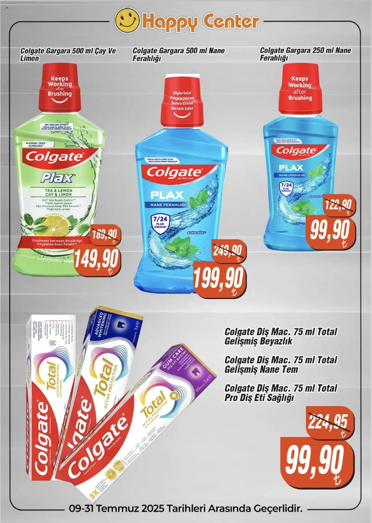 Happy Center Colgate İndirim - 09.07.2025 tarihinden itibaren geçerlidir | Sayfa: 1 | Ürünler: Gargara, Çay, Limon, Nane