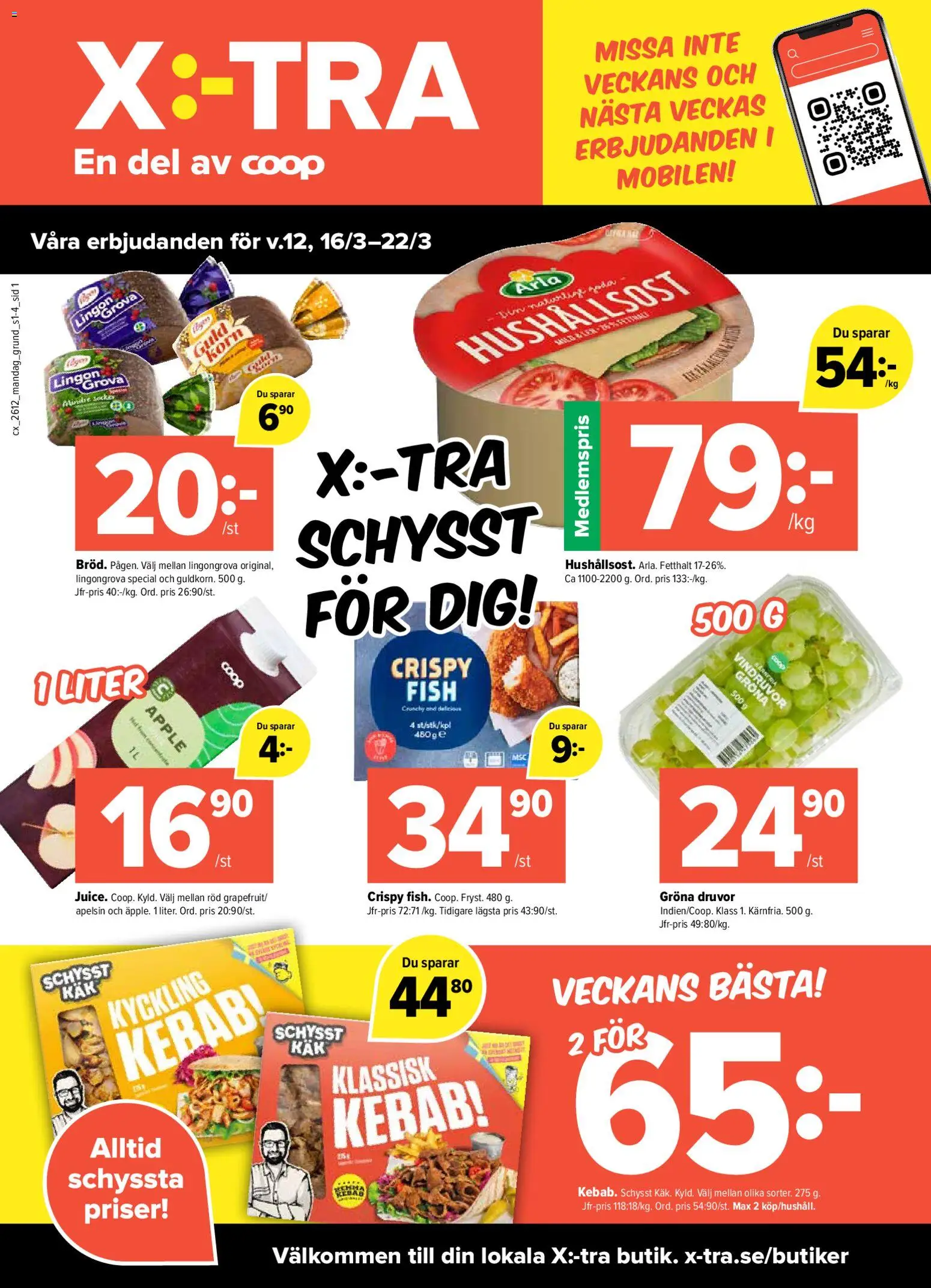 Coop X:-TRA reklamblad aktuell från 16.03.2026 | Sida: 1 | Produkter: Vindruvor, Lingongrova, Hushållsost, Apelsin