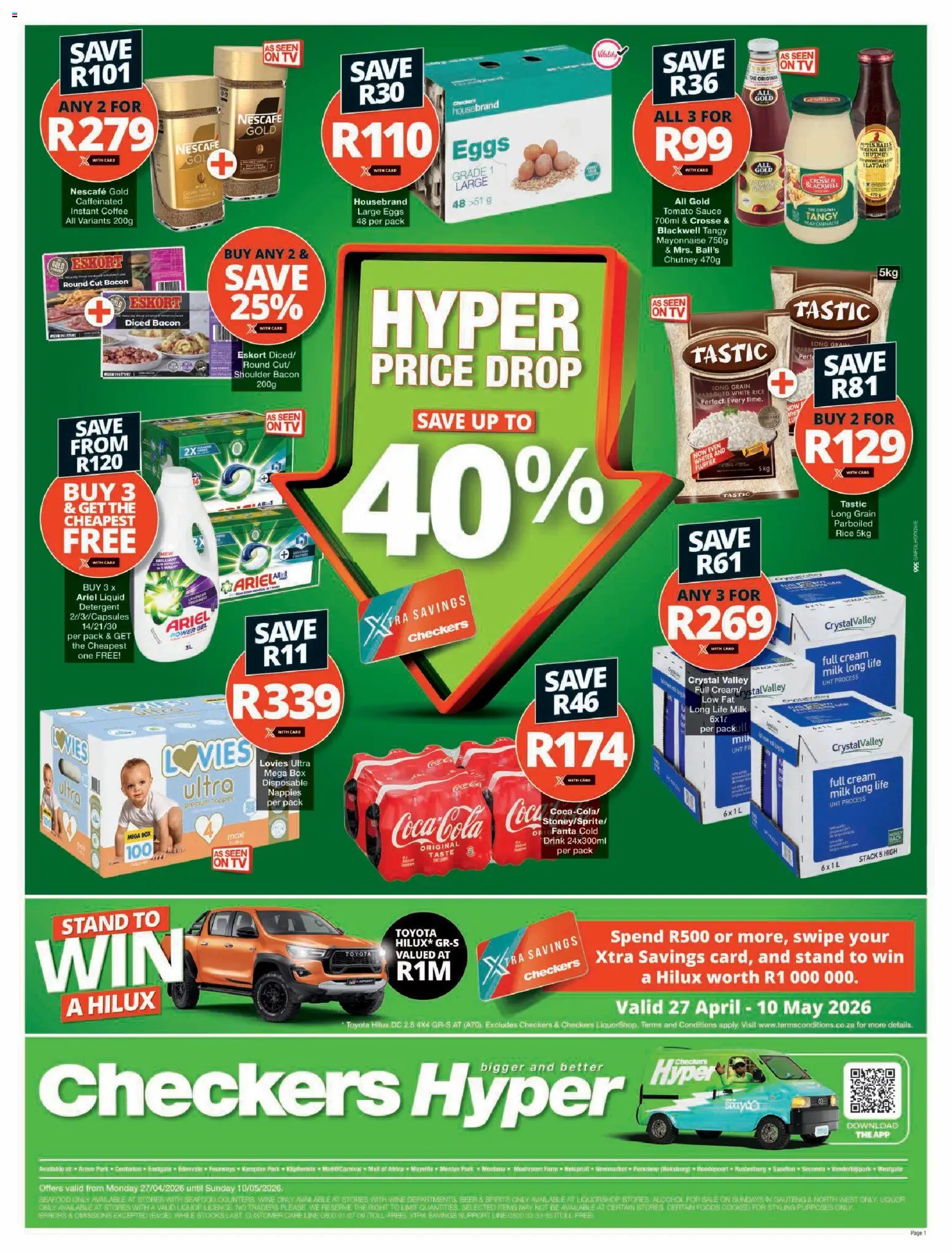 New Checkers catalogue – valid from 27.04.2026 | Page: 1 | Products: Coffee, Tomato sauce, Cream, Mayonnaise
