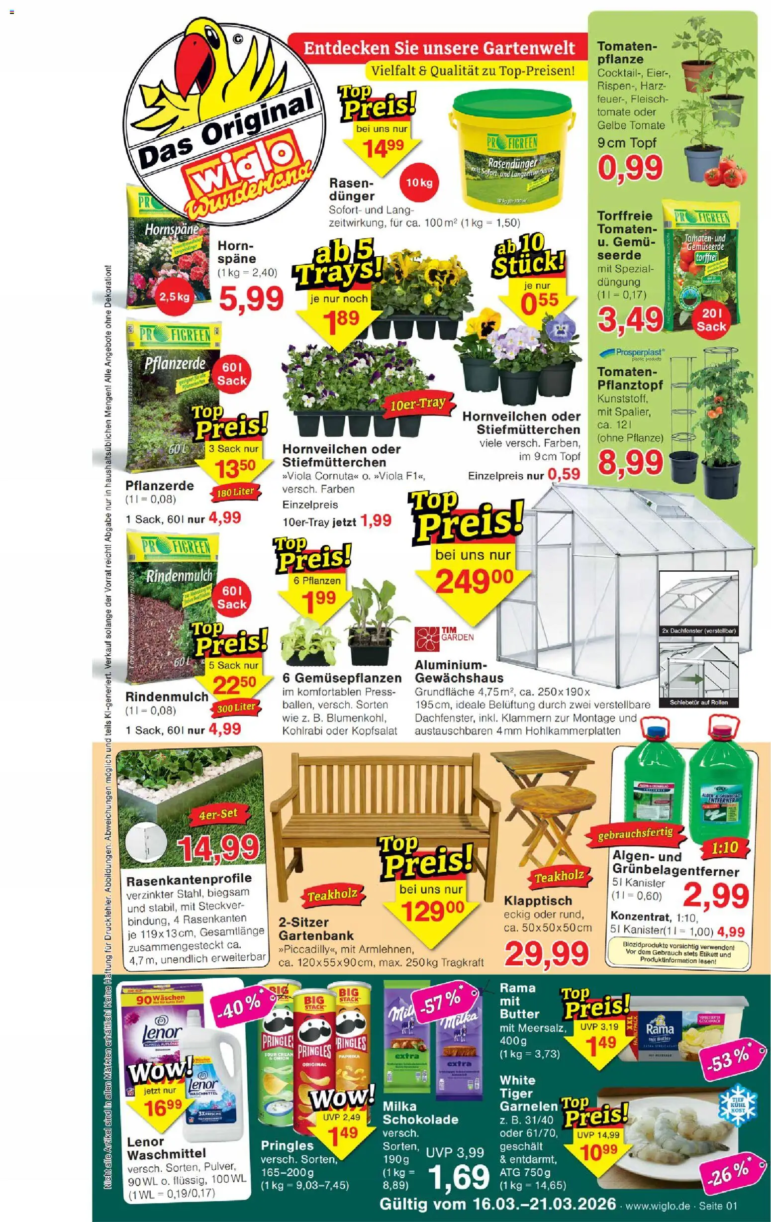 Wiglo Wunderland Prospekt 	 – gültig ab 16.03.2026 | Seite: 1 | Produkte: Top, Pflanzerde, Tomaten, Fleisch