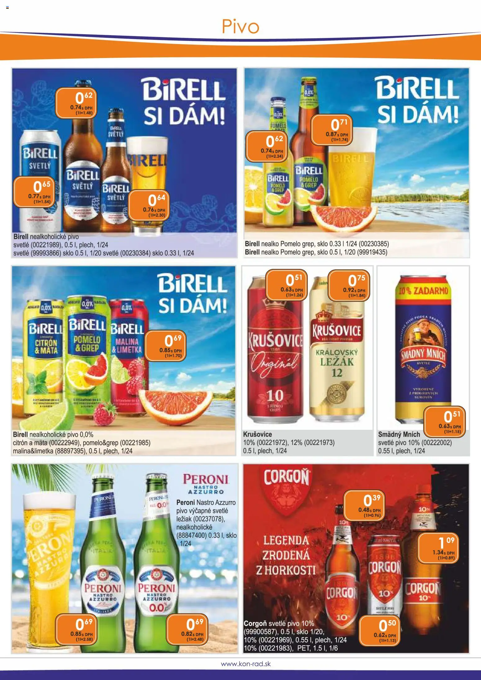 Nové KON - RAD akcie – leták je platný od 01.04.2026 | Strana: 19 | Produkty: Birell, Smädný Mních, Nealkoholické pivo, Grep
