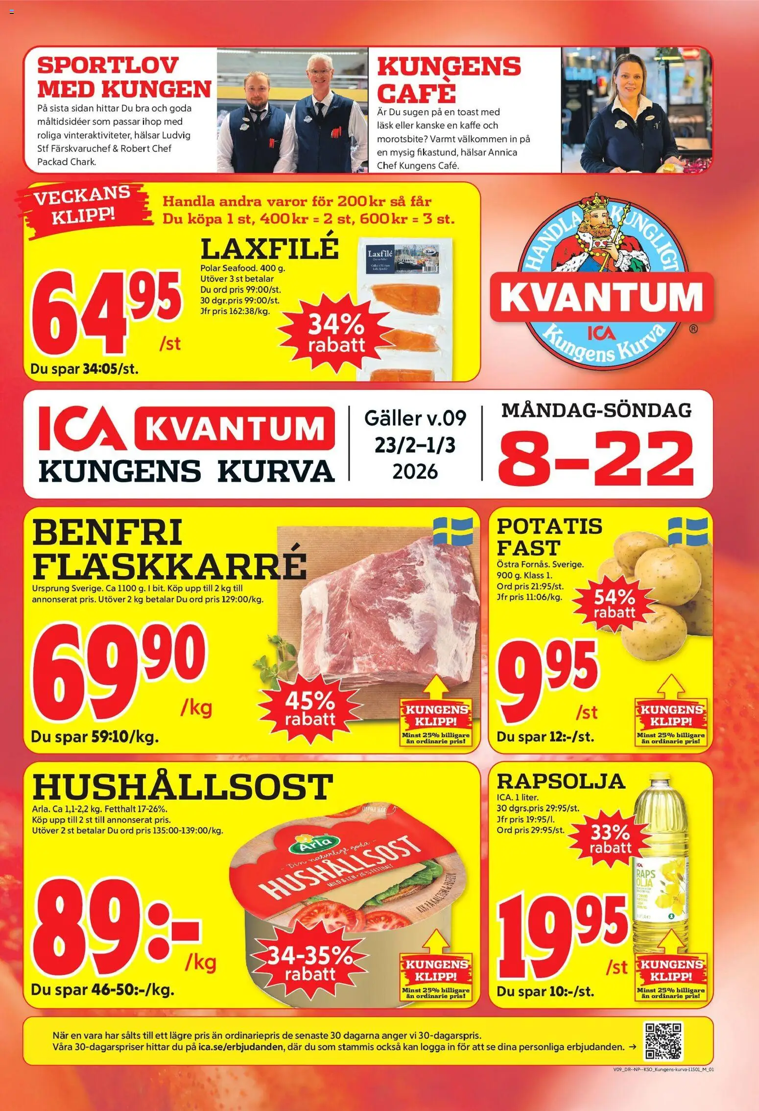 ICA Kvantum reklamblad aktuell från 23.02.2026 | Sida: 1 | Produkter: Galler, Hushållsost, Rapsolja, Kaffe