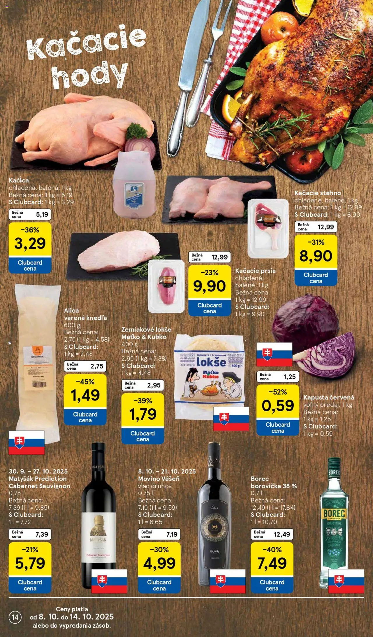 Nové Tesco akcie – leták je platný od 08.10.2025 | Strana: 14 | Produkty: Kačacie prsia, Borovička, Kapusta červená, Kačica