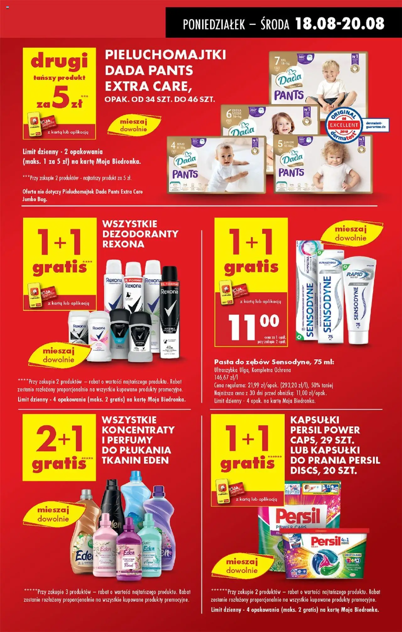 Biedronka gazetka od 18.08.2025 | Strona: 15 | Produkty: Pieluchomajtki, Perfumy, Kapsułki do prania, Pasta do zębów