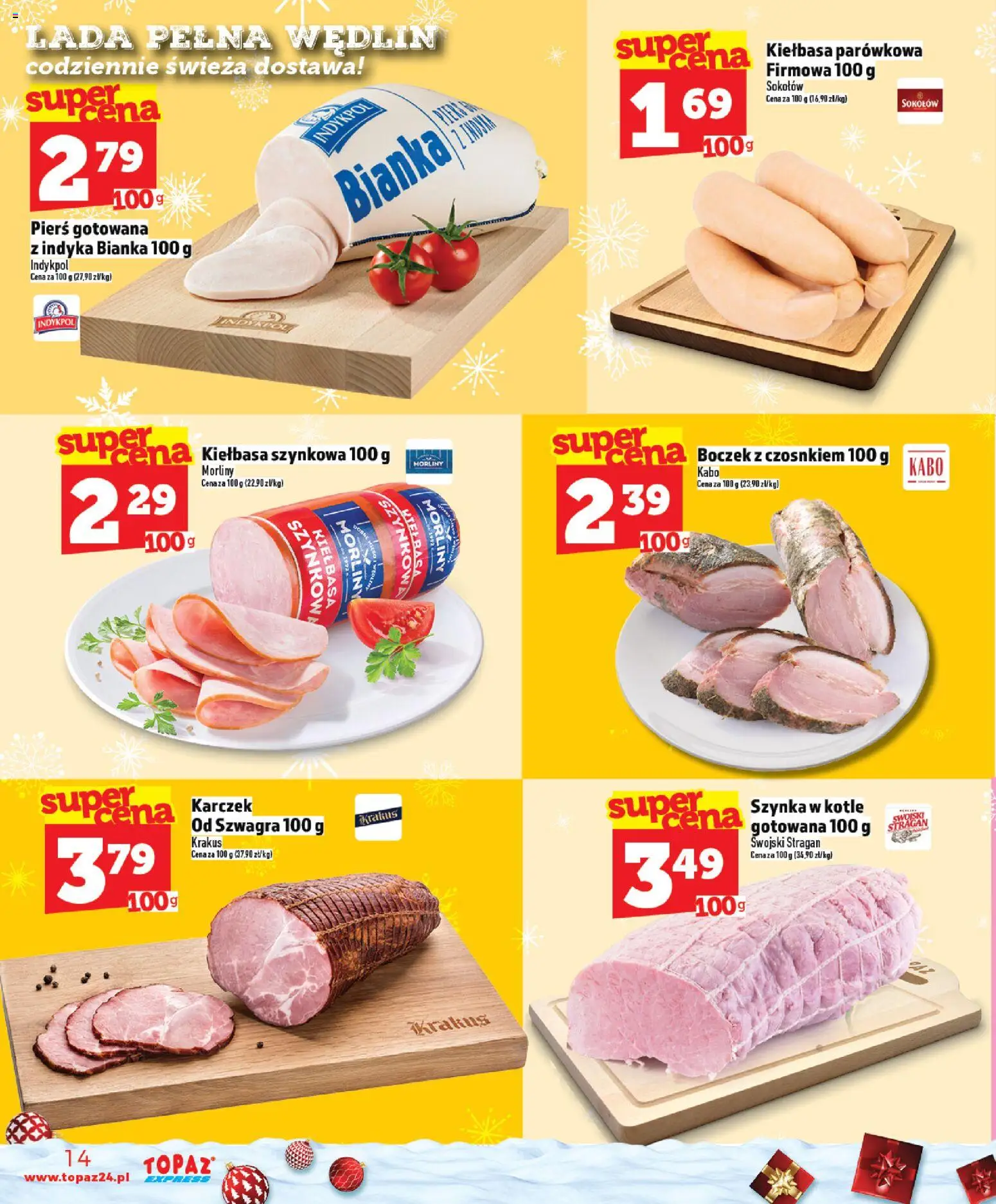 Topaz Gazetka - Express od 11.12.2025 | Strona: 14 | Produkty: Kiełbasa, Szynka, Boczek
