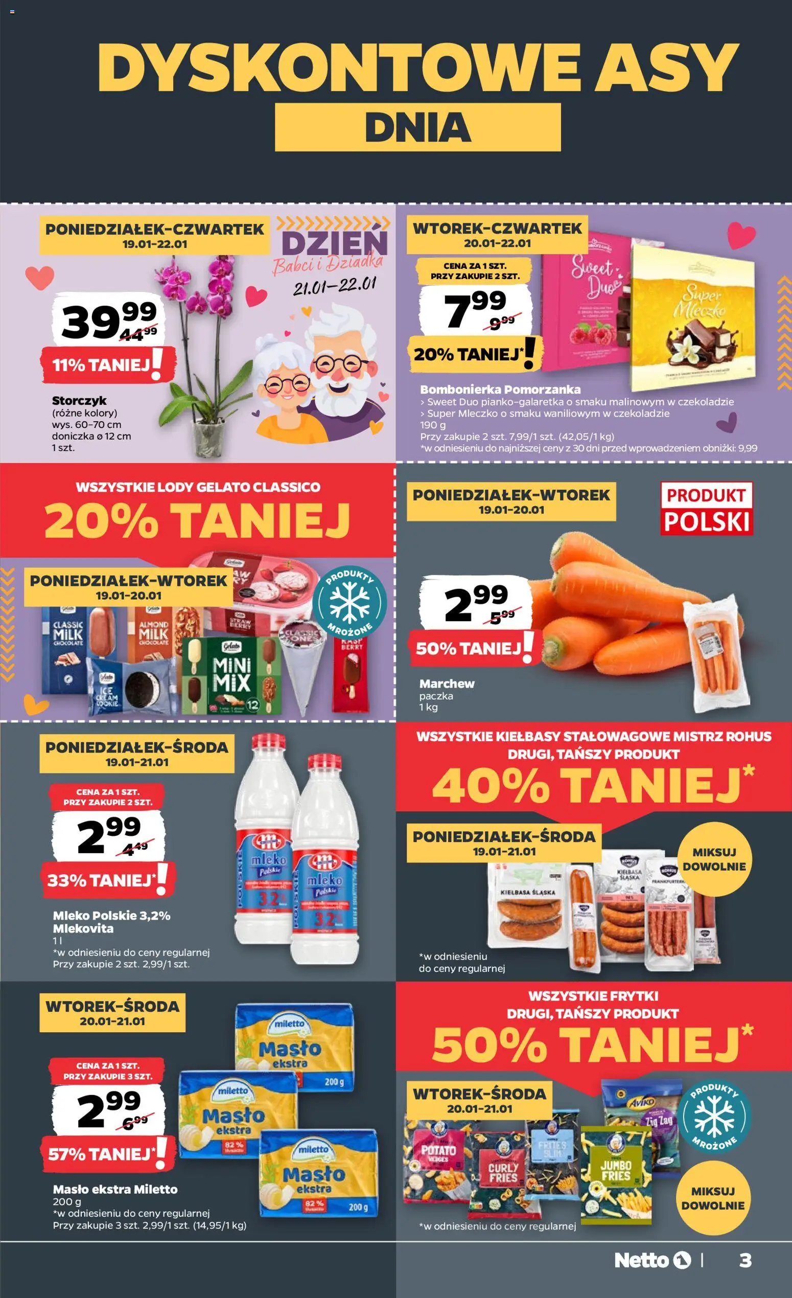 Netto gazetka - Spożywcza od 19.01.2026 | Strona: 3 | Produkty: Kiełbasa śląska, Doniczka, Mleko, Frytki