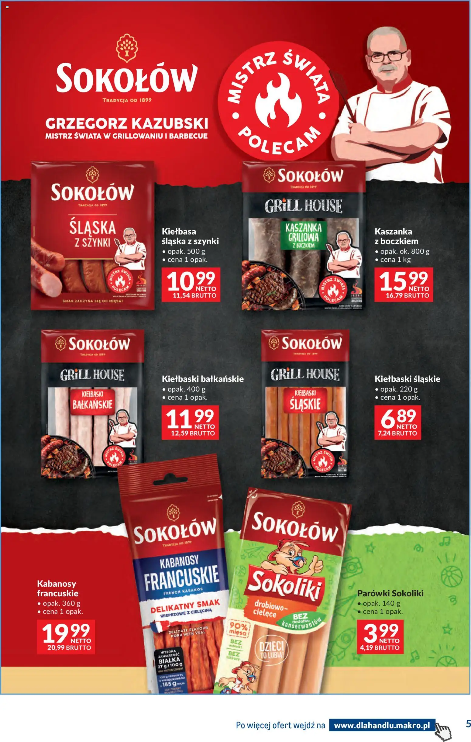 Makro gazetka - Dystrybucja do sklepów od 14.04.2026 | Strona: 5 | Produkty: Grill, Parówki sokoliki, Parówki, Kaszanka