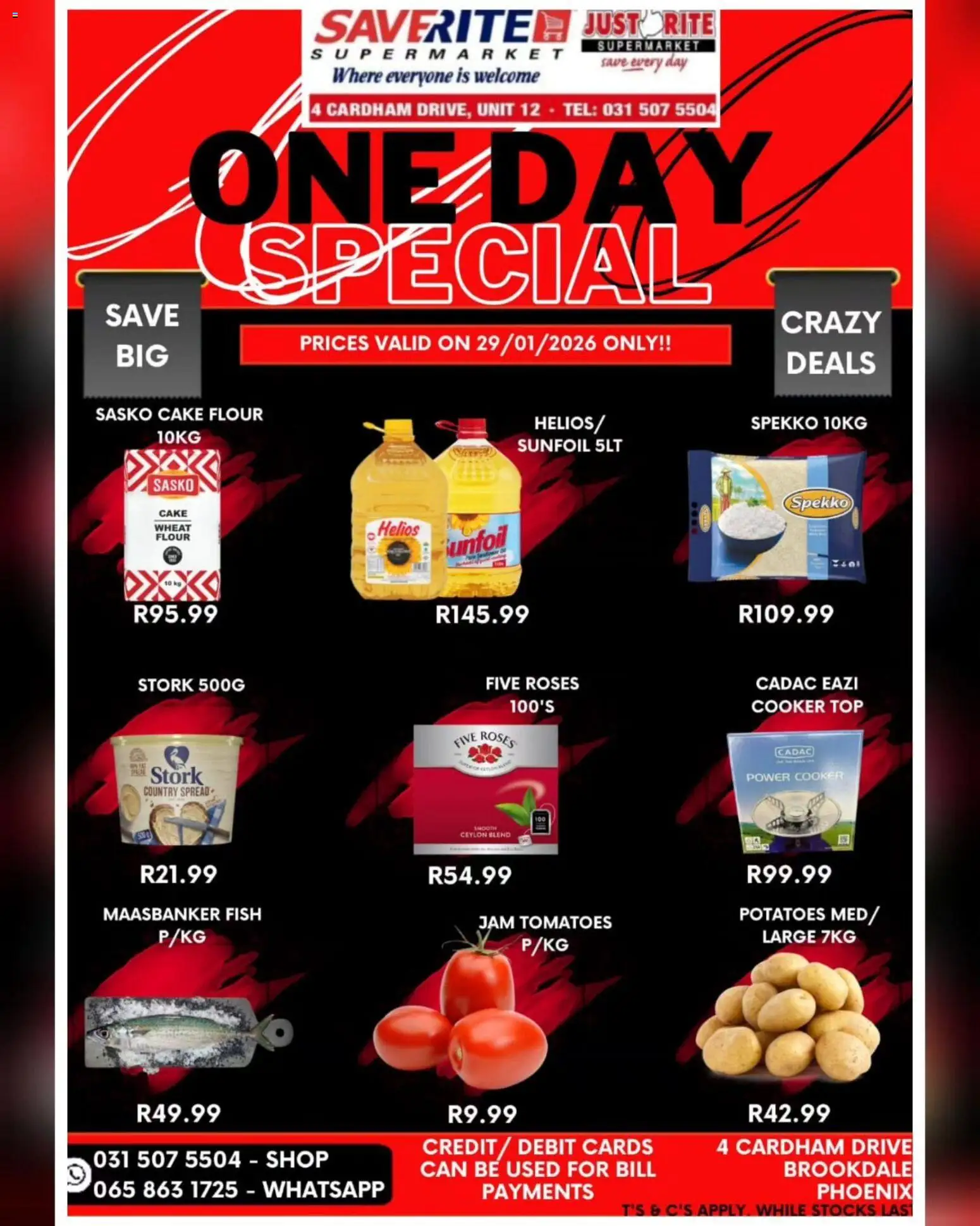 New Saverite catalogue – valid from 29.01.2026 | Page: 1 | Products: Flour, Cooker, Tomatoes, Fish