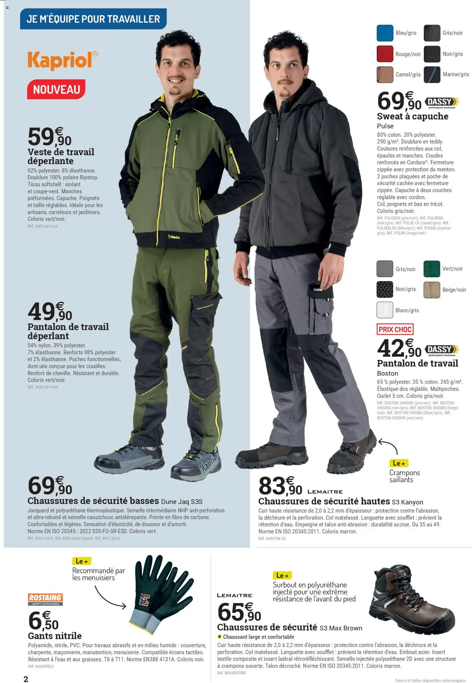 {H1} | Page: 2 | Produits: Couches, Crampons, Pantalon de travail, Gants