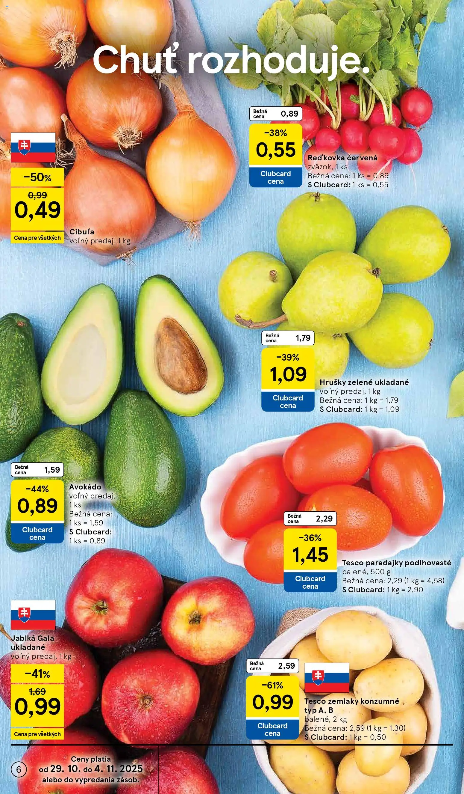 Nové Tesco akcie – leták je platný od 29.10.2025 | Strana: 6 | Produkty: Jablká, Apple, Avokádo, Hrušky