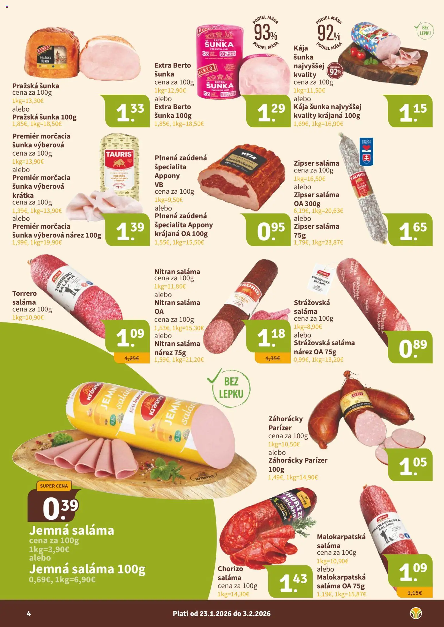 Nové Nitrazdroj akcie – leták je platný od 23.01.2026 | Strana: 4 | Produkty: Saláma, Šunka