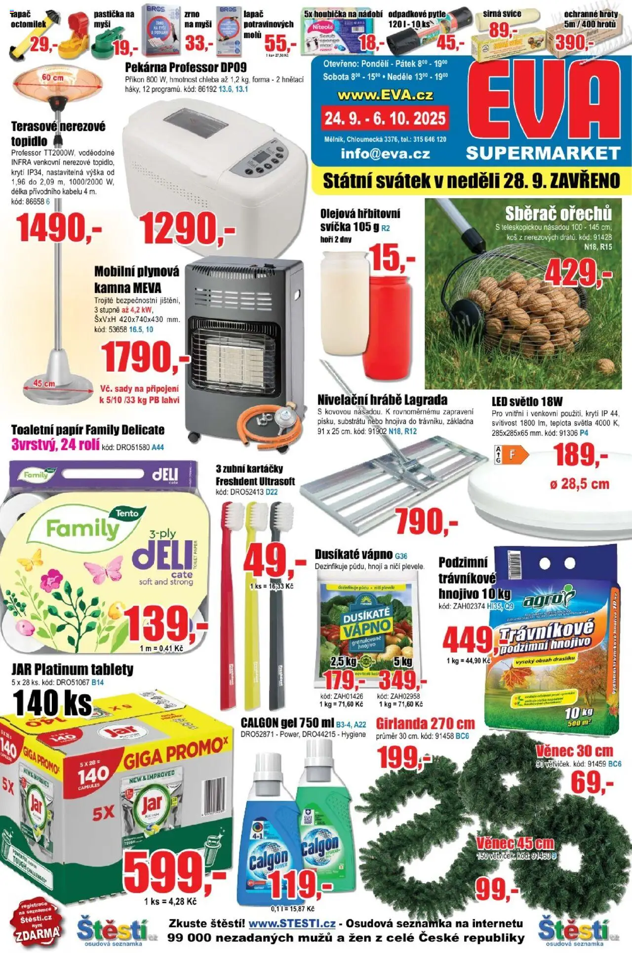 Eva supermarket leták od 24.09.2025 | Strana: 1 | Produkty: Nádobí, Girlanda, LED, Jar platinum