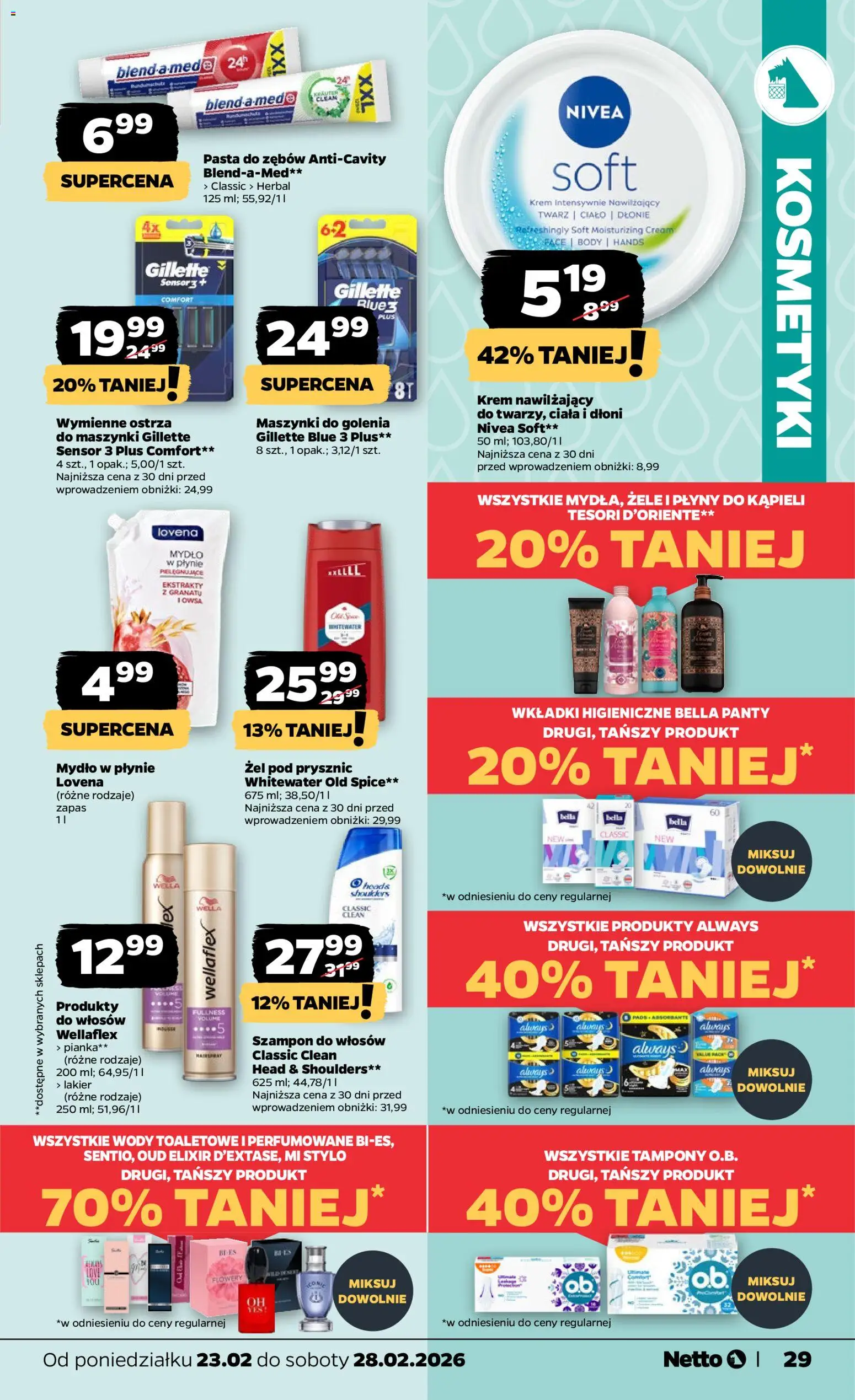 Netto gazetka - Spożywcza od 23.02.2026 | Strona: 29 | Produkty: Mydło w płynie, Tampony, Maszynki do golenia, Mydło