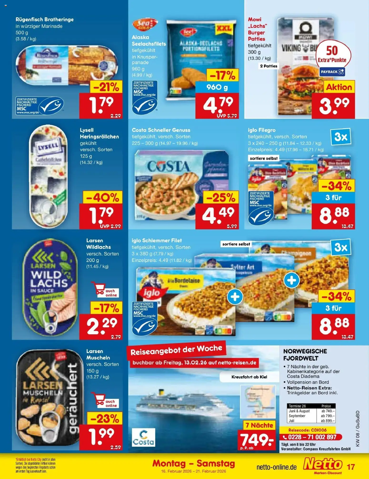 Netto Marken-Discount prospekt Glauchau	 – gültig ab 16.02.2026 | Seite: 19 | Produkte: Iglo, Burger, Lachs, Uhr