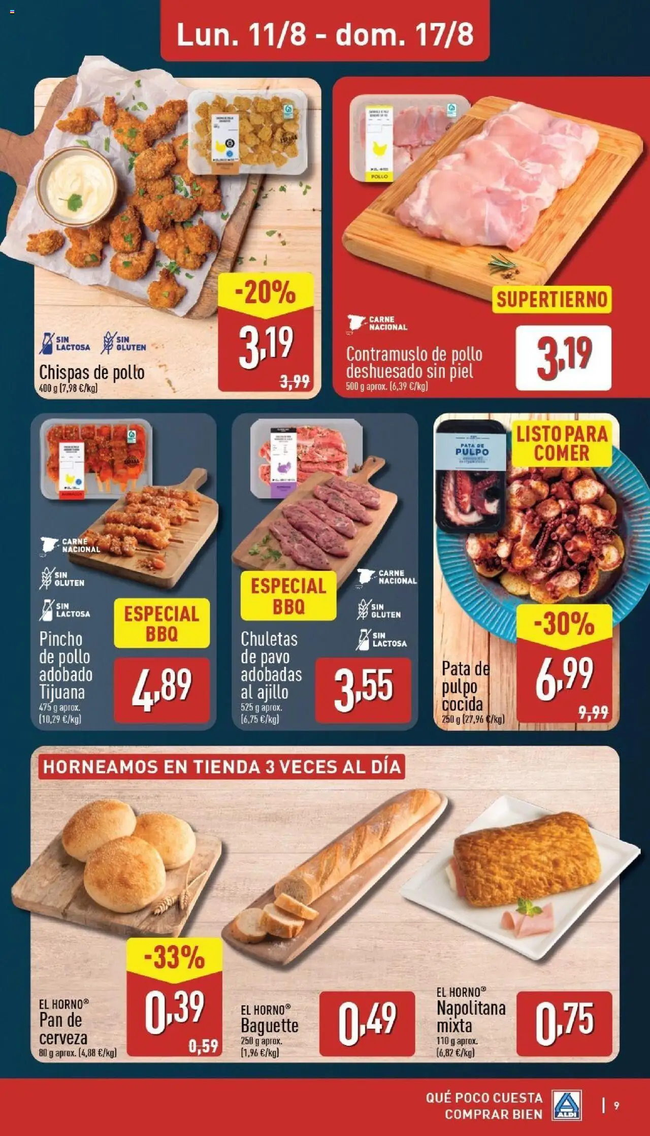 Aldi folleto Península │ válido desde el 11.08.2025 | Página: 9 | Productos: Chuletas de pavo, Pan, Cerveza